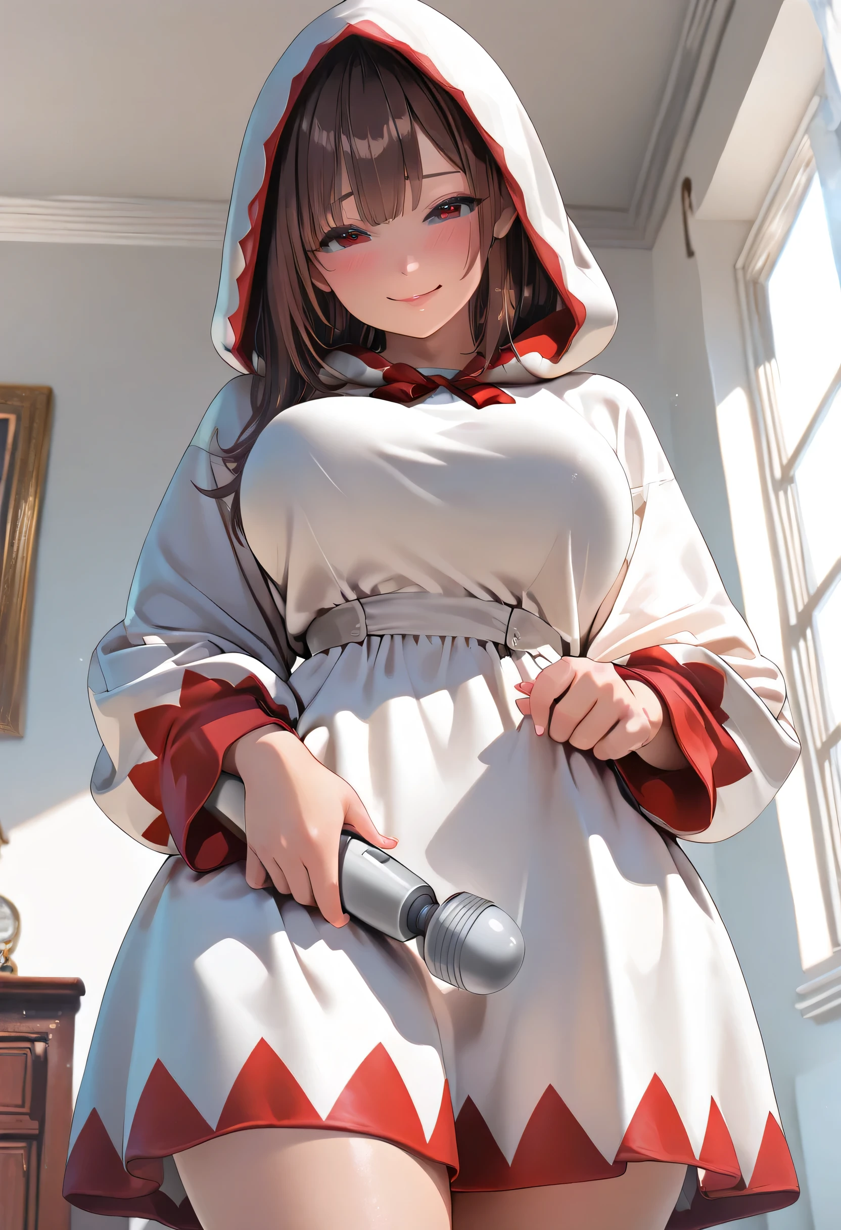 (Masterpiece, best quality , more details, 8k, 4K, hi res, ridiculous :1.3), ( Detailed Textured Lighting , detail surface lighting for viewers ), [ pastel color ] [ Calm Colors ] [ Anime Screen Cap ] [ photorealistic] A 3D character model,perfect proportions, beautiful body,large breasts,wide hips,red eyes, View from below,(naughty look,shy face)/brown hair,semi long,White Mage,saint’s dress,white lobe,hoody,holding hitachi magic wand, 