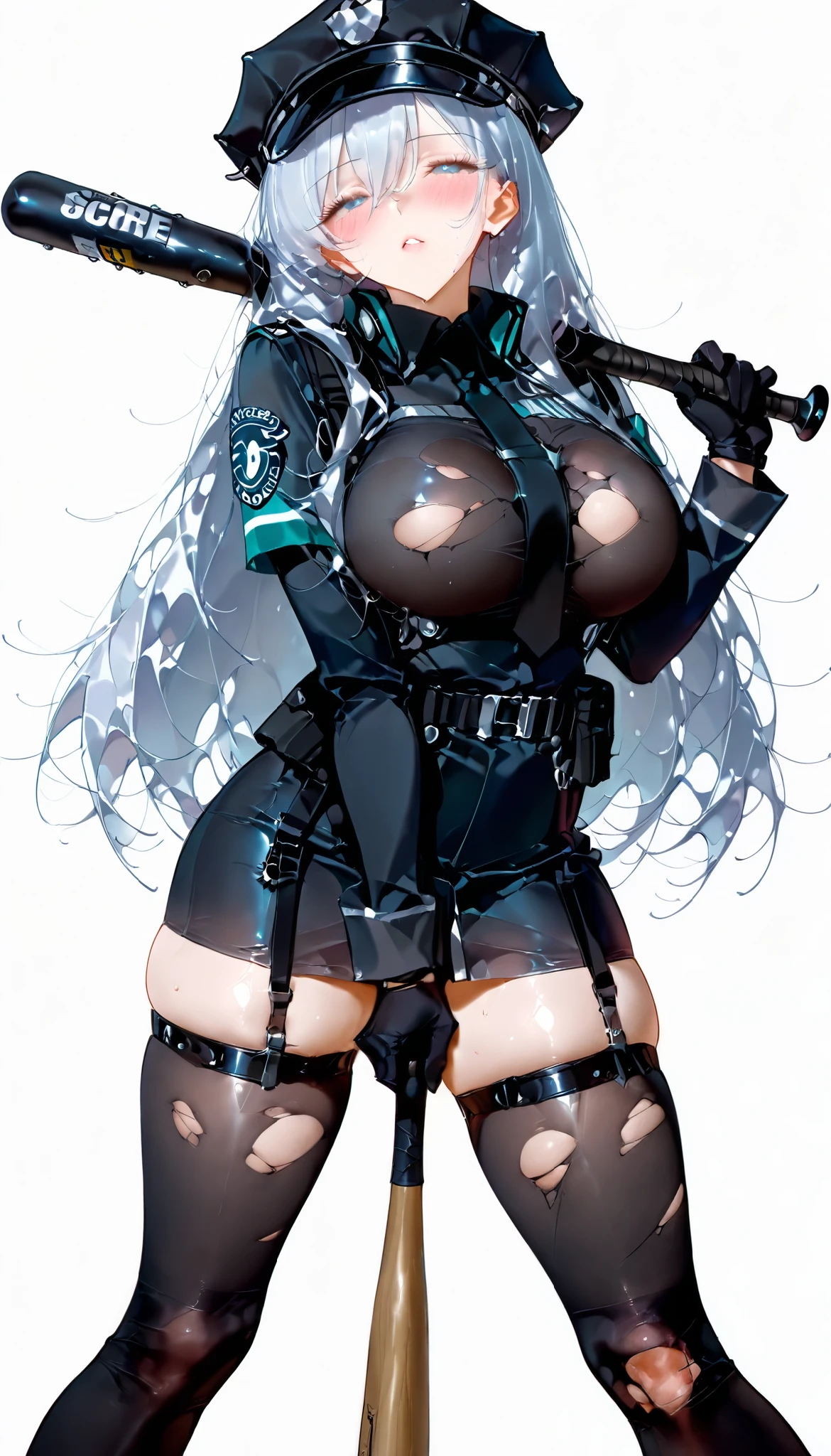 Dark gray translucent mecha,Full body mecha,Long black hair,Wavy hair style,Huge Breasts,cleavage,Pistol hanging from waist,fighter pilot,fighter hangar,Sexy,Lipstick,Gray eyes,stockings,Short skirt,Smile,earrings,lipstick,Nipple showing,plump figure