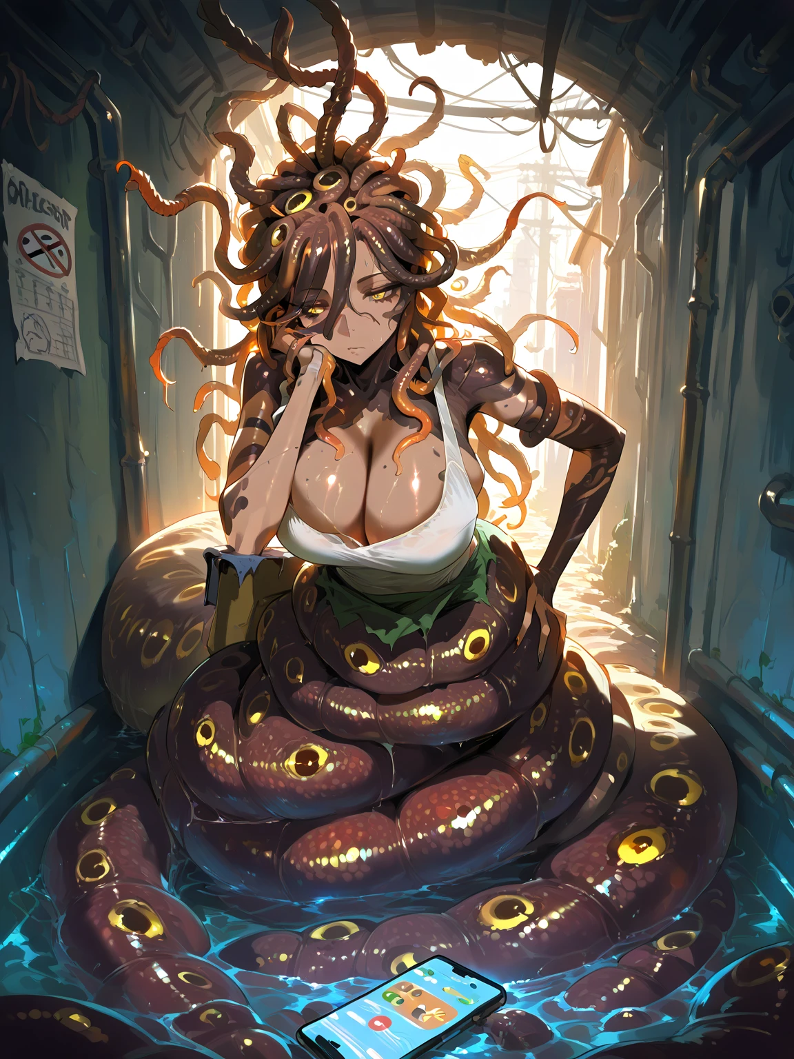 (masterpiece), best quality,The woman is happy,expressive eyes, perfect face,Beautiful scientist woman,incredibly beautiful eyes,straight long orange hair,green top dress,deep neckline,an open robe,big breasts,short small shoes,in the laboratory,next to a big cute creature with very much tentacles made of orange slime tentacle,a creature wraps orange slime around a woman's legs,score_8_up,score_9,in laboratory, Standing on his feet,tentacles of orange slime wrap around the girl's legs,small heels,tentacles on legs,mucus on brests,ultra detailed eyes,soft skin,tentacles tied up the woman,tentacles with orange mucus on breasts,legs,hands,orange mucus on breasts