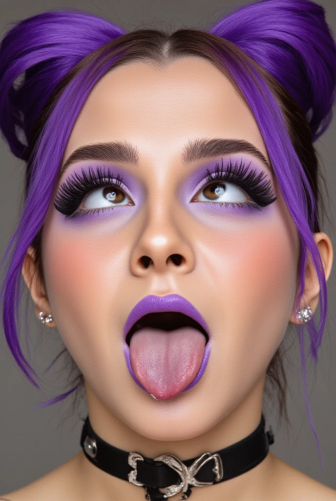 score_9, score_8_up, score_7_up, zPDXL, Leela, purple hair, one-eyed, cyclops, circle eye, overbite, dot pupil, closes mouth, source_cartoon, futuramastyle, . nude oshooting. 1girl, solo, long hair, ponytail, makeup, parody, lipstick, interior spacecraft