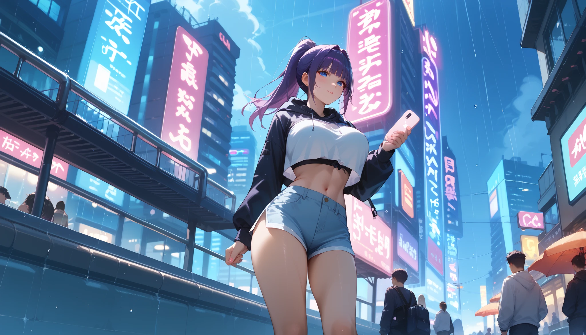 "A girl with a nice body and nice breasts sits on a futuristic balcony café overlooking a cyberpunk city. Her purple hair is tied into a high ponytail, glowing faintly under the neon lights. She wears a cropped hoodie with holographic details and sleek joggers. Below, the city is alive with neon billboards, flying cars, and people walking under the rain, their umbrellas reflecting the electric blue and pink glow. The air is filled with the hum of technology and distant synthwave music."