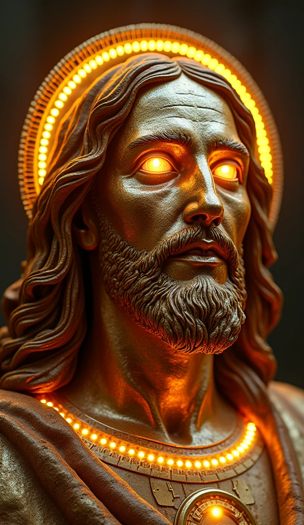 a statue of Jesus Christ, crown of thorns, eyes closed, blood running down his face, suffering features, (with beams of light in the background:1.4), sacred heart in the chest, Clint Cearley, a marble sculpture, thin, (cinematic:1.4), slate gray atmosphere, hyperdetailed, soft tones, insane details, low contrast,