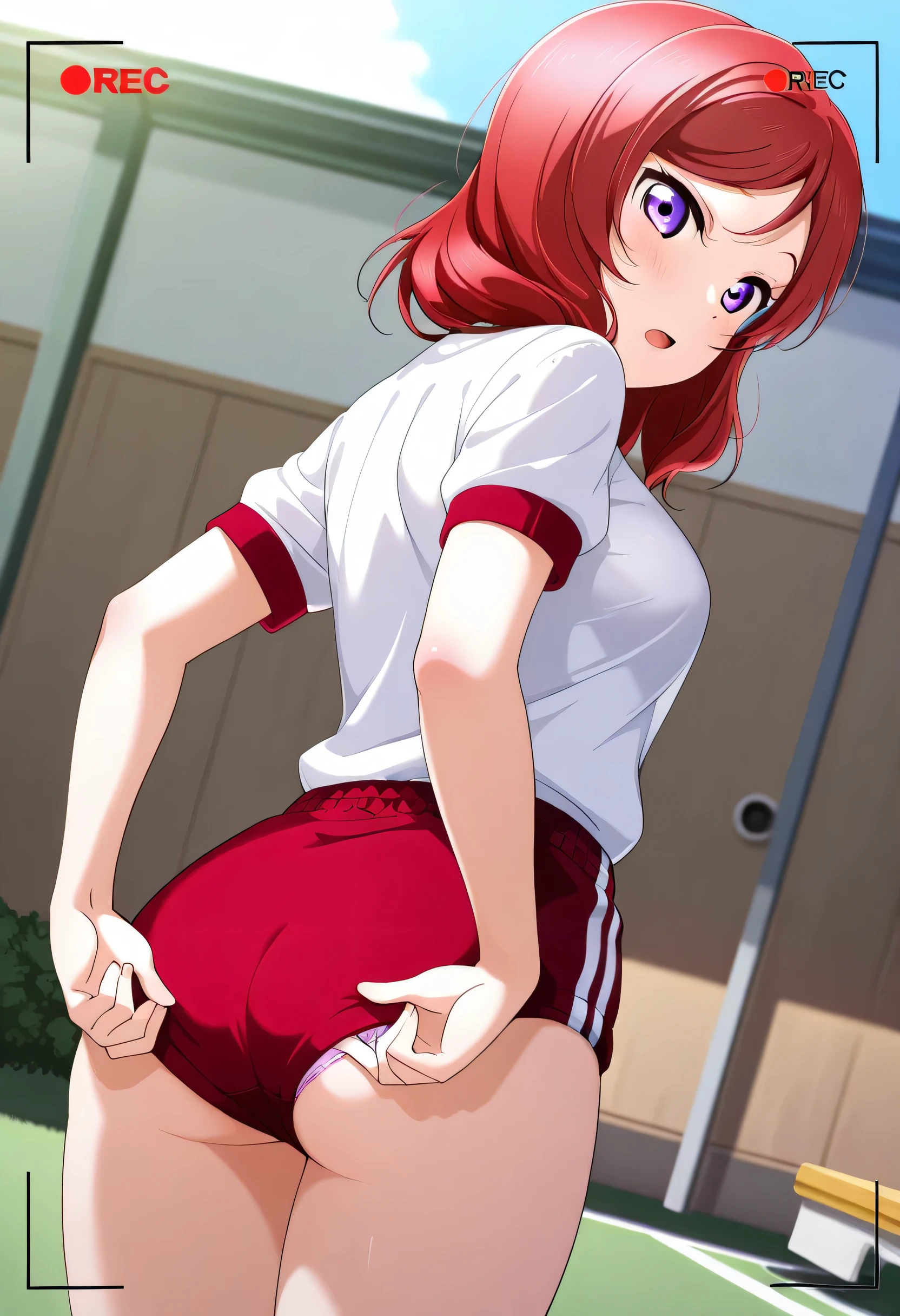 masterpiece, best quality, 1girl, solo, lovelive_maki,white shirt,red buruma, breasts, red hair, medium hair, purple eyes,embarrassing,looking at viewer, open mouth,(back),standing,((adjusting buruma)),panty peek,(school yard),(duch angle ),((recording)),