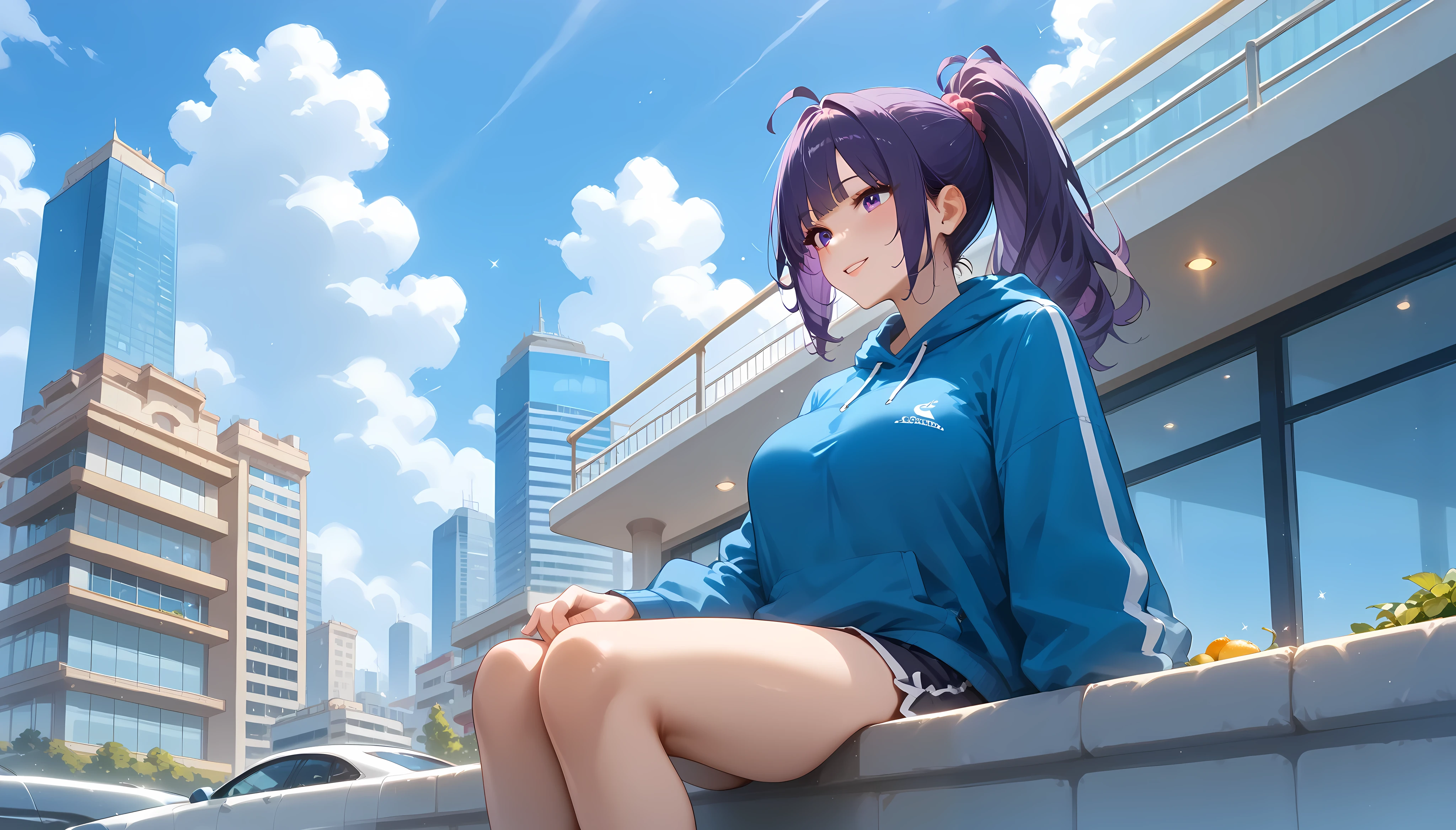 "A girl with a nice body and nice breasts sits elegantly on a high-rise balcony café with a breathtaking view of the city skyline. Her purple hair is styled into a sleek high ponytail, and she wears a designer cropped hoodie and form-fitting joggers. The café exudes luxury with marble tables, golden accents, and dim ambient lighting. Below, the city sparkles with expensive cars and upscale boutiques, creating an atmosphere of exclusivity and sophistication."