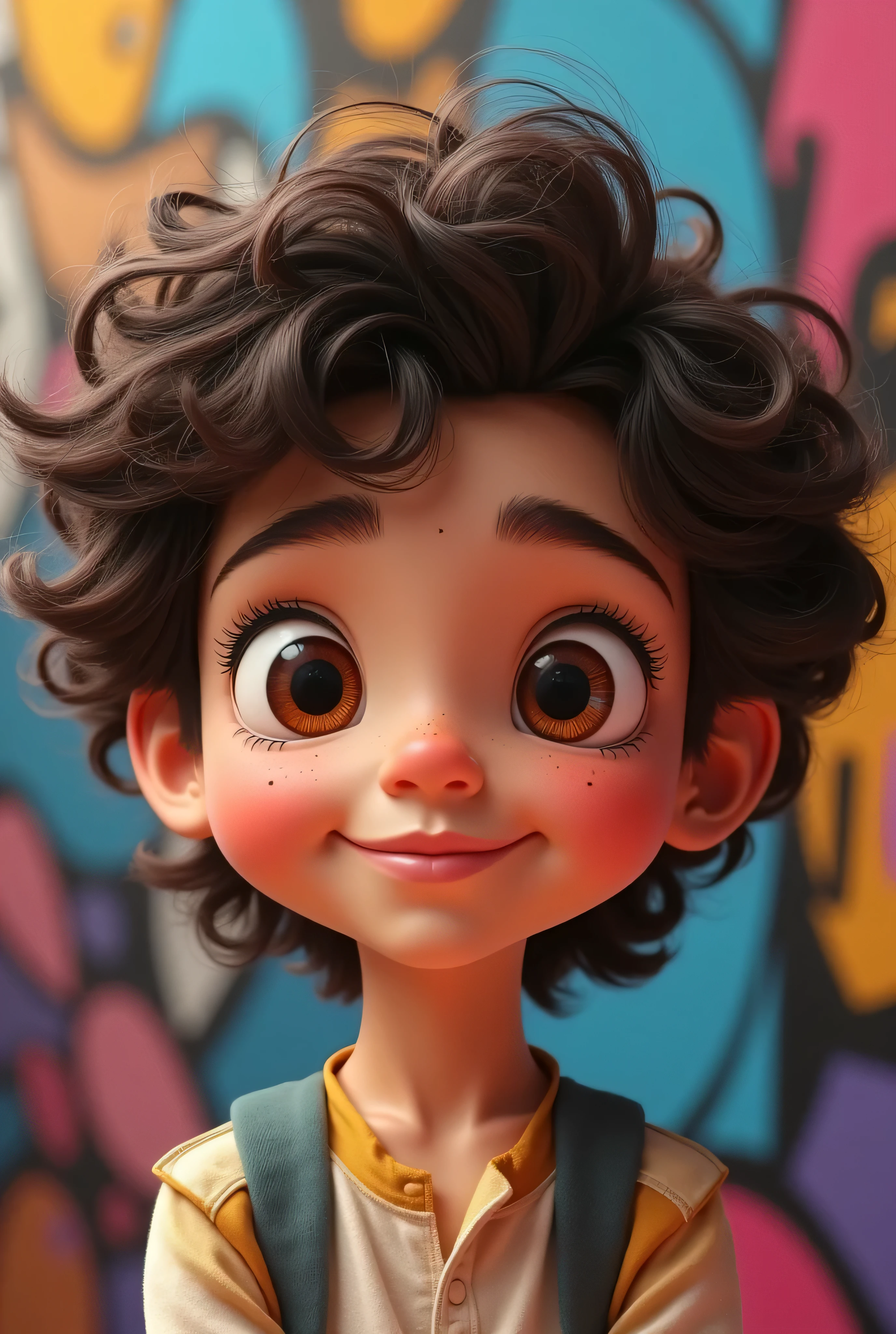Cartoon , similar to a Disney prince, with dark brown hair, curly, super cute, colorful drawing (((graffiti art) (by Karen Griffith))), crazy detail, intricate detail, super detail, cinematic soft lighting, exposure blend, HDR 8k, saturated colors in the foreground