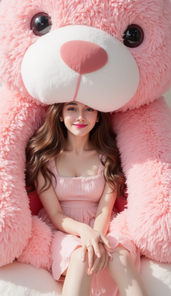 beautiful brunette is being eaten by a huge pink bear plushie.  the plushie is standing inside a huge bedroom. she is inside the plushie. Her face and neck are peeking from inside the plushie's mouth.  the plushie is quite large and fluffy, occupying a significant portion of the image. full body picture