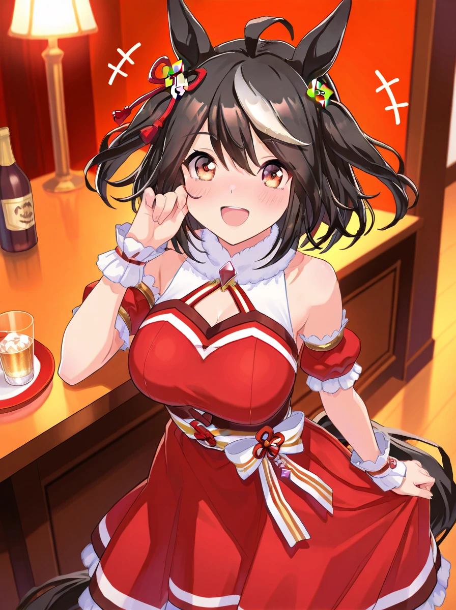 One Woman、beautiful girl、waitress、20-year-old、Side Ponytail、restaurant、waitressの制服、Short skirt、Black Pantyhose、Highest quality, smile,Big Breasts、Very big boobs、Put your on the table、 sinking into the table、Put your boobs on the table、Bust up angle、Place breasts on table、Jiggly breasts、Putting the udder on the table、Put your  on the table、Place your chest on the table
