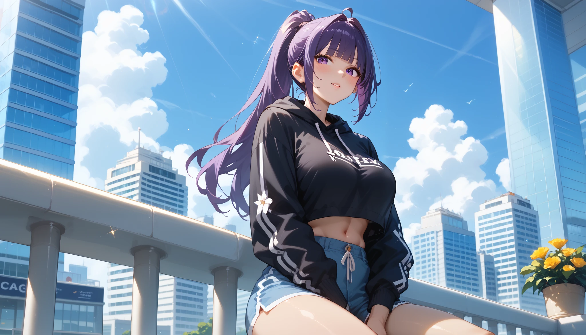 ((highest quality)),(ultra high resolution),(Super detailed),(detailed description),((best CG)),(best work of art),super precision art,amazing drawing art,(Fashion art with precise details:1.5), (Girl in her late teens:1.8),(well-proportioned face:1.7),(A big smile:1.5),((colorful open hoodie:1.5)),(crop training wear:1.5), She&#39;s jumping with her hands up on a sunny street corner。