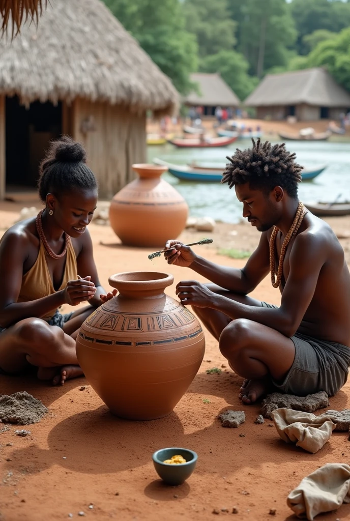 make me an image of Brazilian indigenous people working with clay