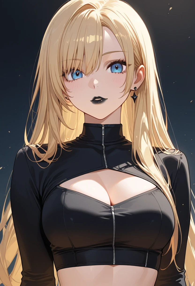 a busty long hair blonde woman blue eyes with a haughty serious face expression, open mouth, black leather jumpsuit, forest background, facing the camera, Big breast++, face camera, serious face