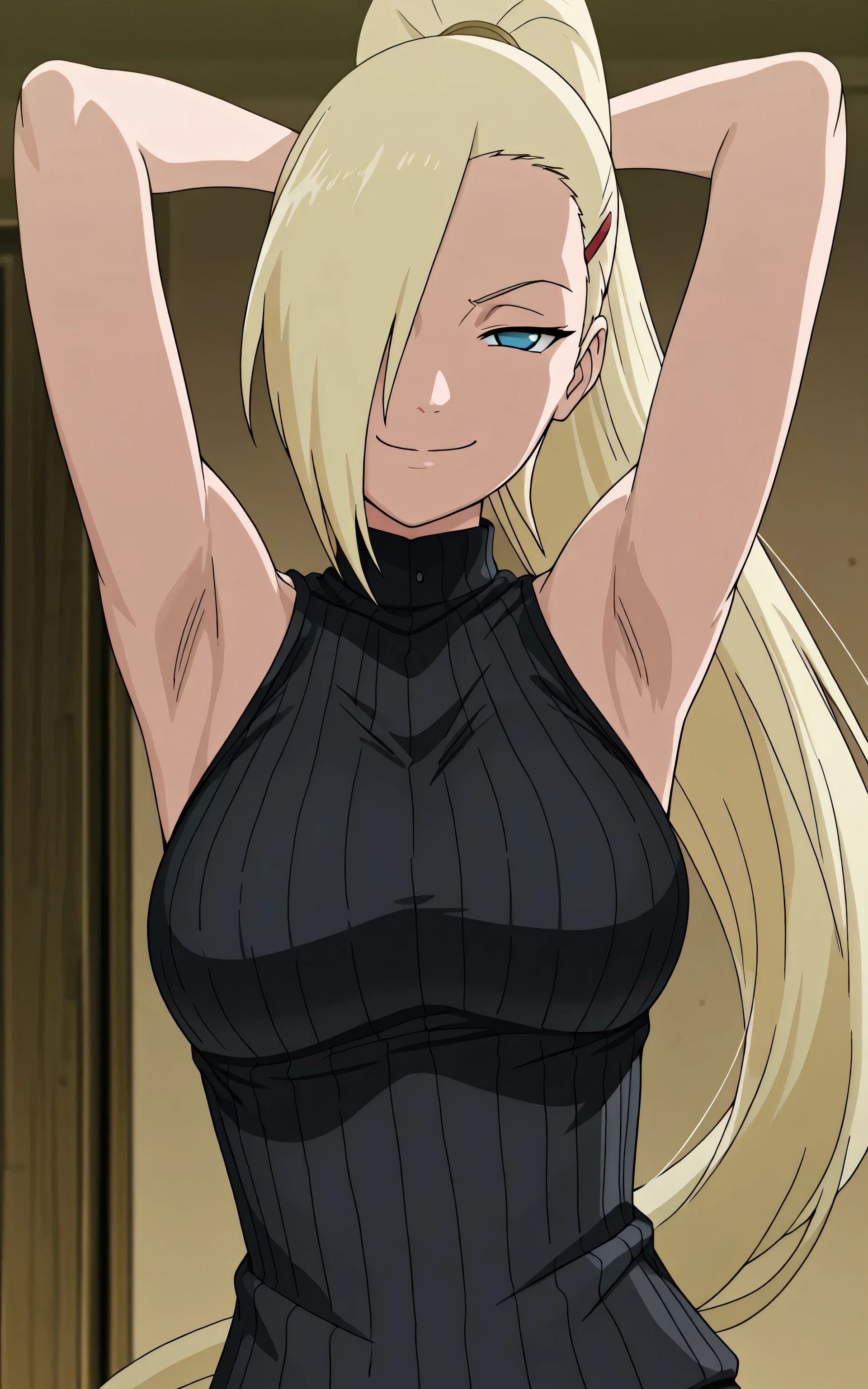 masterpiece, best quality, amazing quality, front light, anime screencap, 1girl, solo, InoShipuuden, blonde hair, high ponytail, hair over one eye, black sweater, sleeveless sweater, ribbed sweater, turtleneck, breasts, blue eyes, bare shoulders, bare arms, arms behind head, armpits, head towards viewer, looking at viewer, evil smile, smug, closed mouth, (front light:1.1), half-closed eyes, armpits focus, indoors