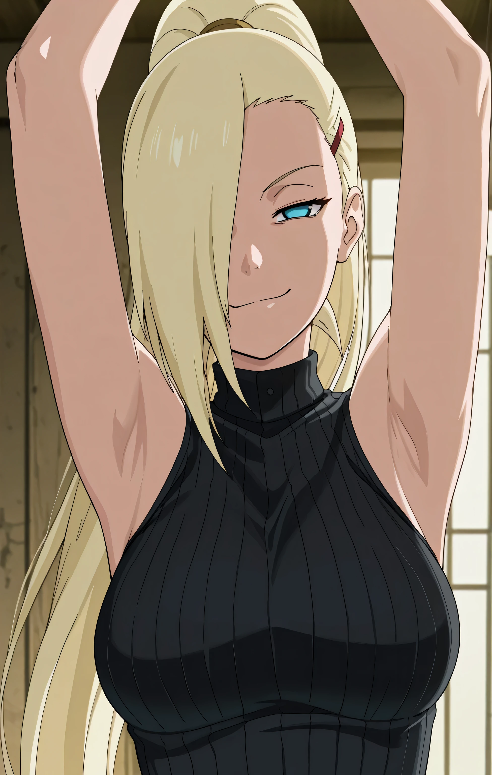 masterpiece, best quality, amazing quality, front light, anime screencap, 1girl, solo, InoShipuuden, blonde hair, high ponytail, hair over one eye, black sweater, sleeveless sweater, ribbed sweater, turtleneck, breasts, blue eyes, bare shoulders, bare arms, arms up, raised arms, armpits, head towards viewer, looking at viewer, evil smile, smug, closed mouth, (front light:1.1), half-closed eyes, armpits focus, indoors