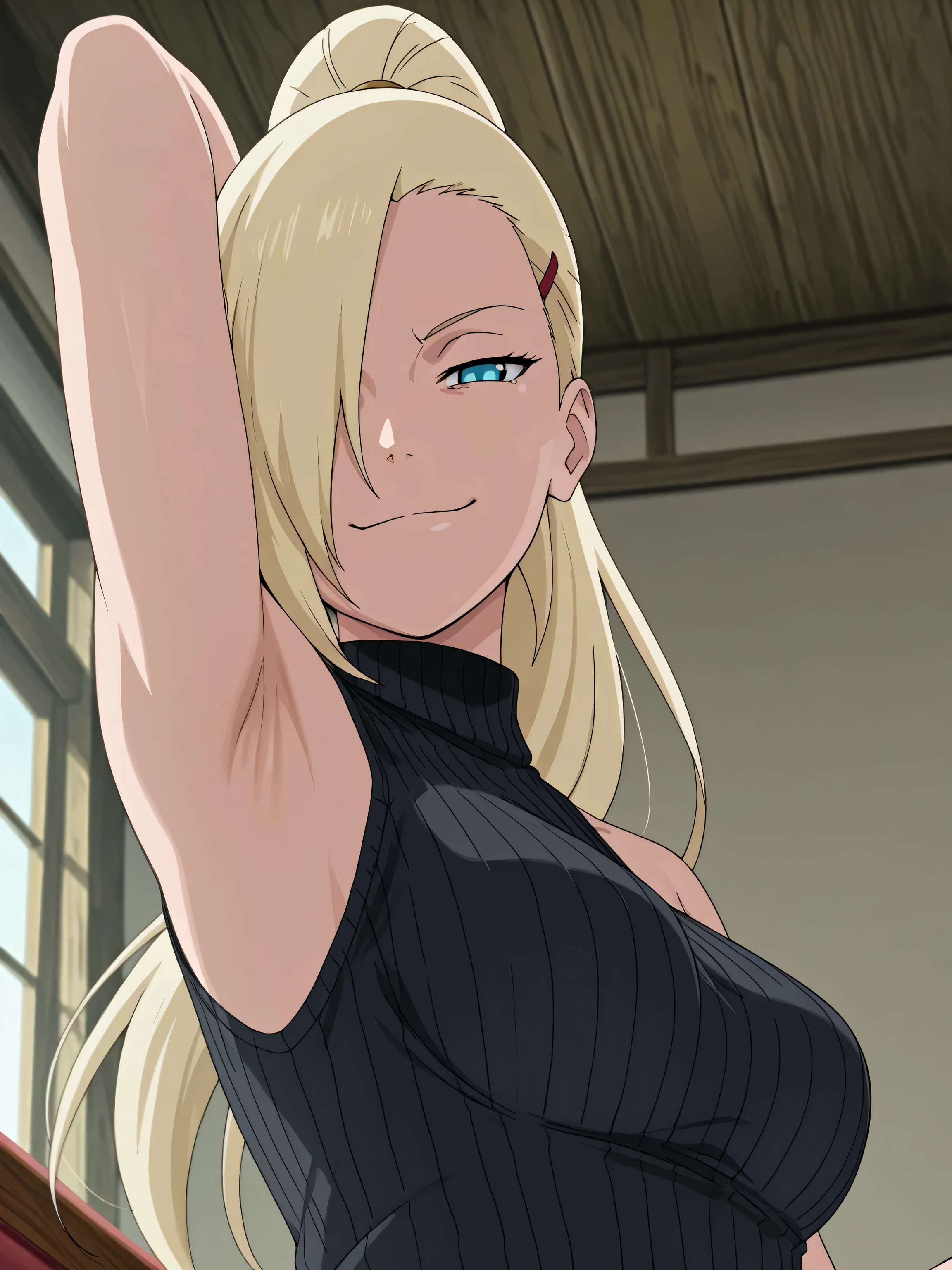 masterpiece, best quality, amazing quality, front light, anime screencap, 1girl, solo, InoShipuuden, blonde hair, high ponytail, hair over one eye, black sweater, sleeveless sweater, ribbed sweater, turtleneck, breasts, blue eyes, bare shoulders, bare arms, arm behind head, armpit, head towards viewer, looking at viewer, evil smile, smug, closed mouth, (front light:1.1), half-closed eyes, armpit focus, indoors, from side, from below, on viewer's lap, armpit into viewer's face