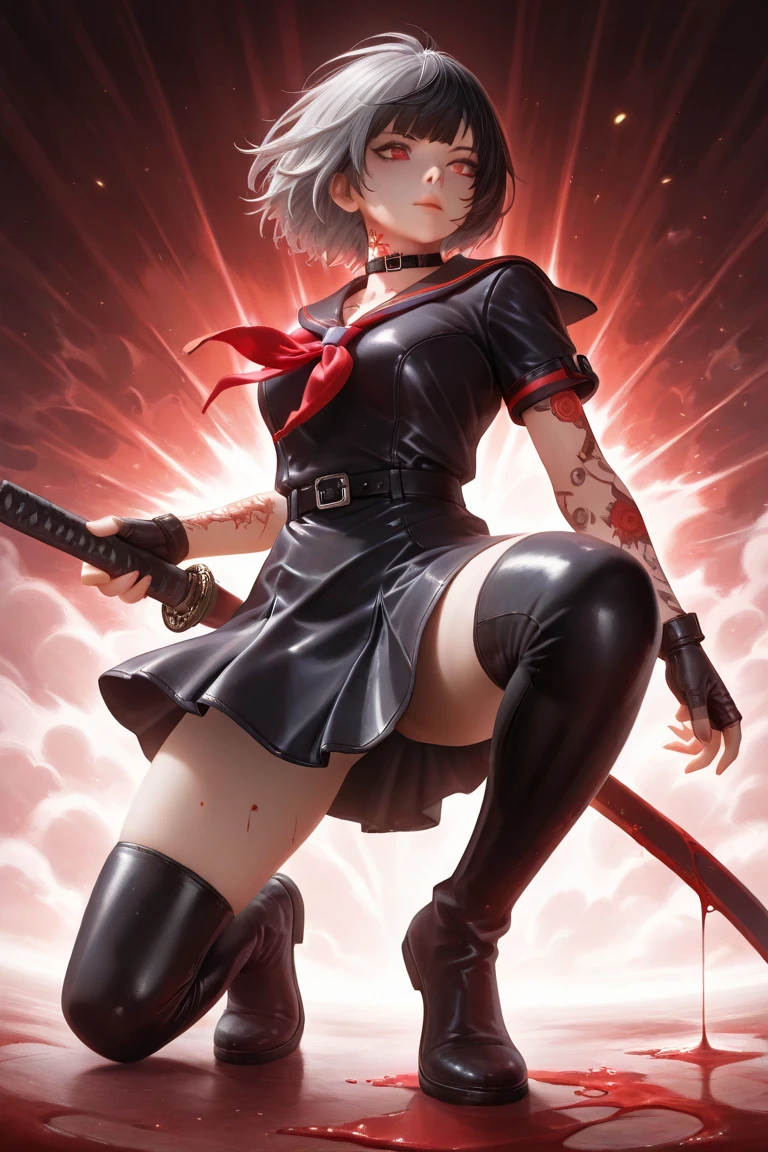 (work of art, best qualityer), 16 year old warrior girl with short white hair, yellow eyes, red skirt, knee high leather boots, black traditional chinese top to mid-abdomen, Eyes red, holding a warrior greatsword, strong slim body, but well proportioned.