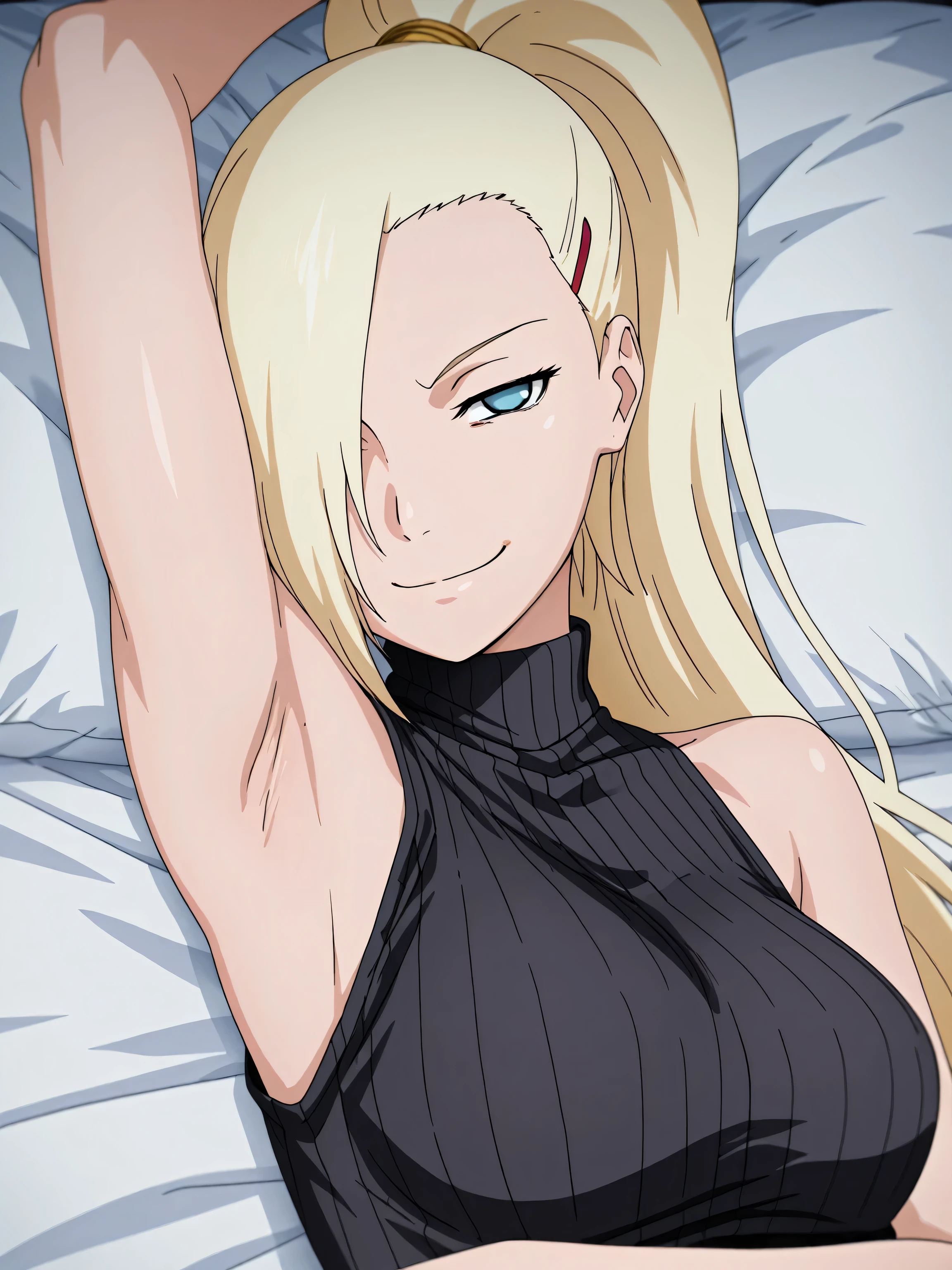 masterpiece, best quality, amazing quality, front light, anime screencap, 1girl, solo, InoShipuuden, blonde hair, high ponytail, hair over one eye, black sweater, sleeveless sweater, ribbed sweater, turtleneck, breasts, blue eyes, bare shoulders, bare arms, arm up, raised arm, armpit, head towards viewer, looking at viewer, evil smile, smug, closed mouth, (front light:1.1), half-closed eyes, armpit focus, lying in bed