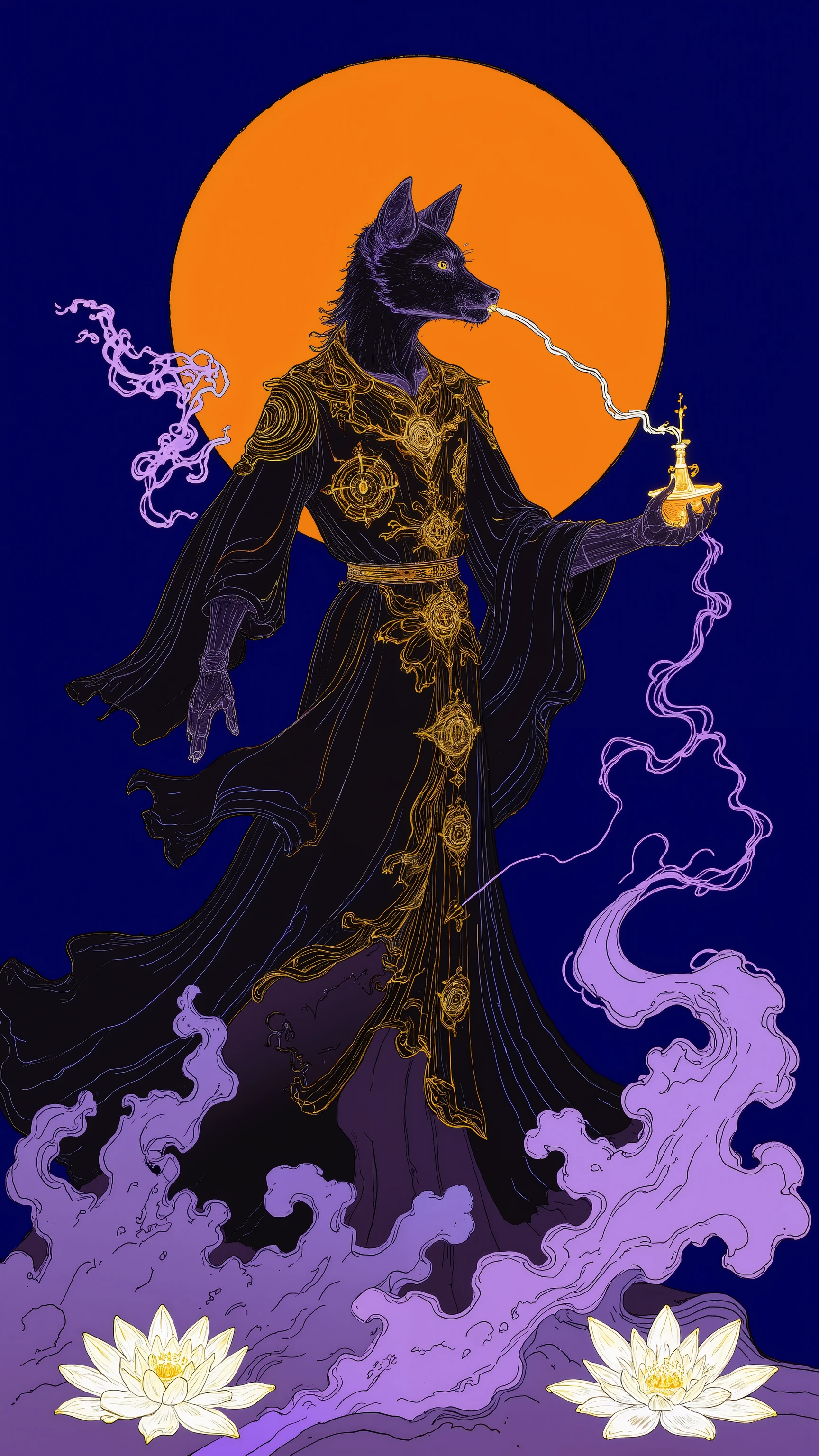 Stylized mystical illustration of fox deity made of luminous smoke and ethereal energy. Black ceremonial robe with intricate golden sun medallions and spiral patterns creating ornate contrast against the dark fabric. Spectral fox emanates purple mist, smoking a long ornate pipe with flowing smoke connecting to spirit companions. Minimalist composition with deep cobalt blue background and vibrant burnt-orange sun circle creating dramatic backlighting. Delicate white lotus flowers at bottom frame the scene symbolically. Limited color palette with flat design elements. Dreamlike, spiritual aesthetic with sharp contrast between dark silhouettes and glowing elements. Art style resembling contemporary spiritual illustration with Eastern influences.