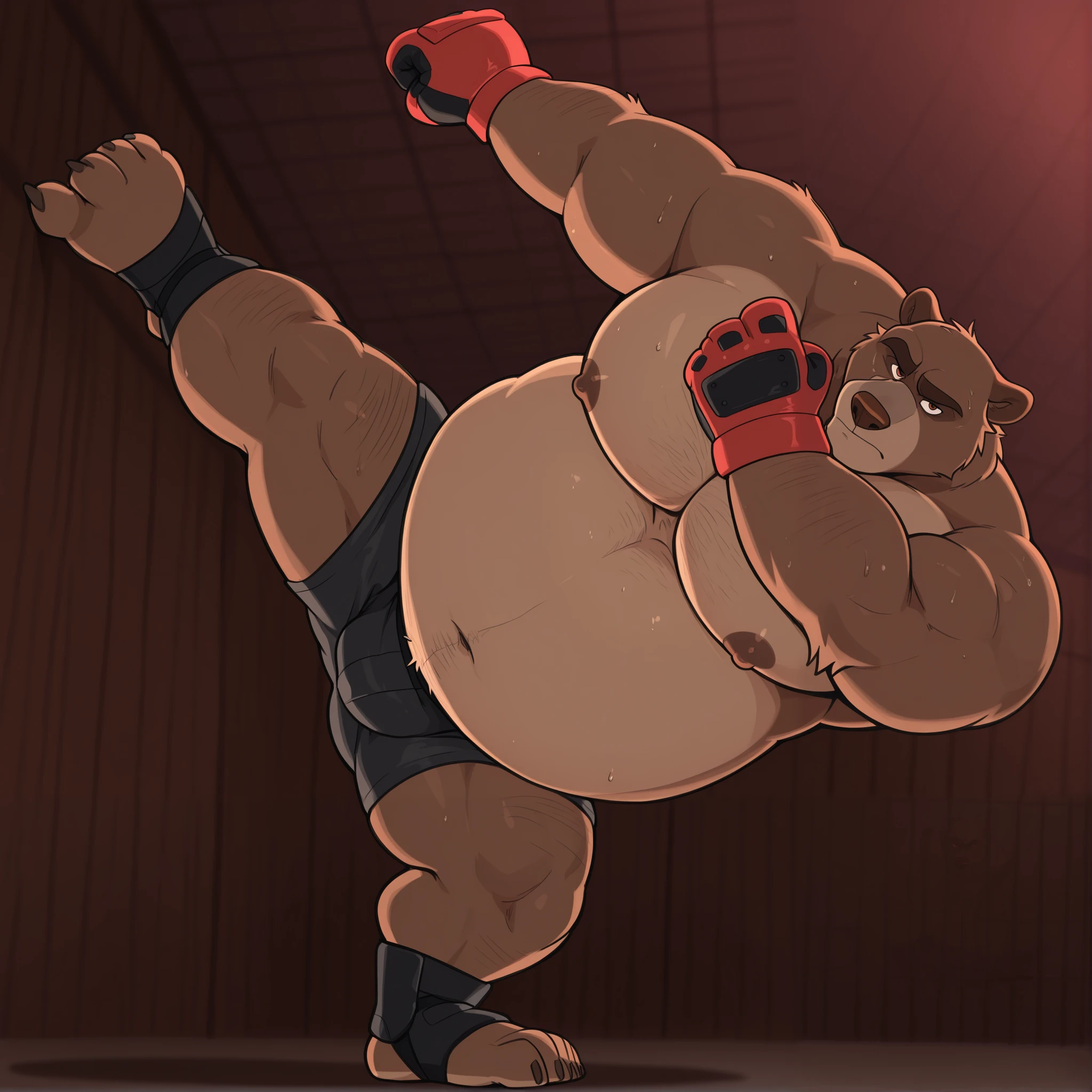 Solo, 1boy, Muscular Old, grunting, frustration glare, focus, look at viewer, wide shoulder, pectoral, thick arms, huge pectoral, wide pectoral, brown nose, height: 220cm, weight: 440lbs, a Kodiak brown bear in a black MMA shorts with red slits, wearing an MMA gloves with red knuckle pads and an ankle support brace as he workouts in the gymnasium warehouse, Walt Disney 2D Zootopia Animation Art Style, 