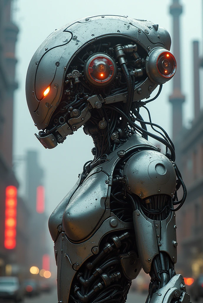 grunge style Unveil the magnificent spectacle of a Cybernetic female Robot in a stunning medium shot, a desolate landscape of a once thriving yet now destroyed Futuristic City. Adorned in scratched and tarnished armor reminiscent of a bygone era, our subject reveals their true identity through an unmistakably humanoid realistic synthflesh Android Head. A harmonious blend of Fantasy and Sci-Fi elements come together to craft a world brimming with wonder and intrigue. The Feminine Face peers out at us, both Seductive and Sexual, drawing viewers deeper into its enchanting web. An ethereal Mist or Fog creeping across the ground below. Illuminated by radiant Backlighting enhanced by Bloom and Chromatic Aberration effects, every aspect of this mesmerizing creation commands attention, leaving no doubt about its place amongst the most exquisite works of Artificial Intelligence ever conceived. . textured, distressed, vintage, edgy, punk rock vibe, dirty, noisy