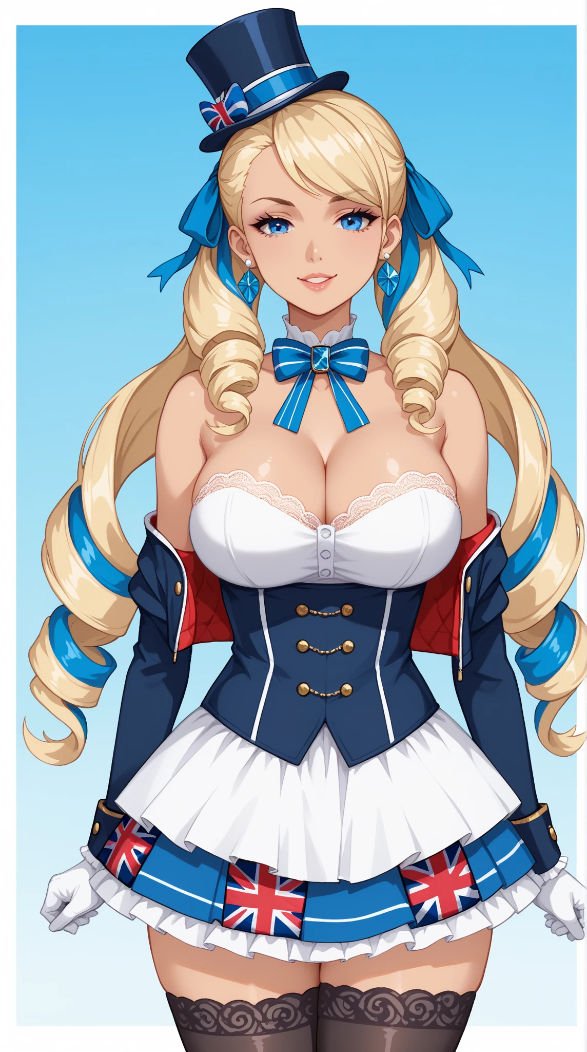 full body standing straight symmetrical, huge boob(masterpiece, best quality:1.2), cowboy shot, solo, 1MILF, mmplatz, smile, looking at viewer, hands on hips, twintails, twin drills, dress, blue pantyhose, striped pantyhose, Handcuffs on their hands, With a collar around the neck