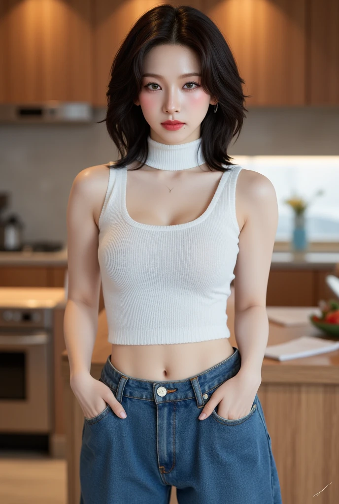 masterpiece, top-quality, 1 beautiful girl, (Detailed beautiful eyes), ((Detailed skin)) , ((Detailed medium hair )), A beautiful 170cm, in colorful clothings hiphop style, crop top, tank top and ripped jeans, at the kitchen, RAW photos, CG rendering, Blurred background, deep shadow,  16K, bokered,  Very detailed, wallpaper, depth of field, movie light, Ray tracing, 