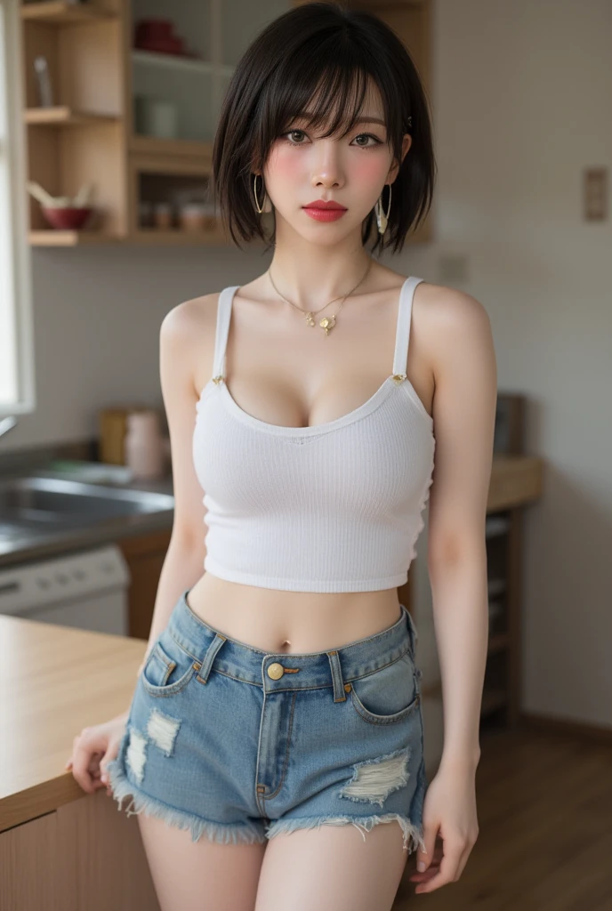 1girl, black tanktop crop, Brown varsity naked, strict short jeans, slim belly,short hair, Black-rimmed square glass, bob hairstyles, white shoes, baseball cap, gold belt, chain necklace, gold cross necklace pendant, cross earrings, masterpiece, ultra details, 70mm lens, high res, faint smile, tiny tits