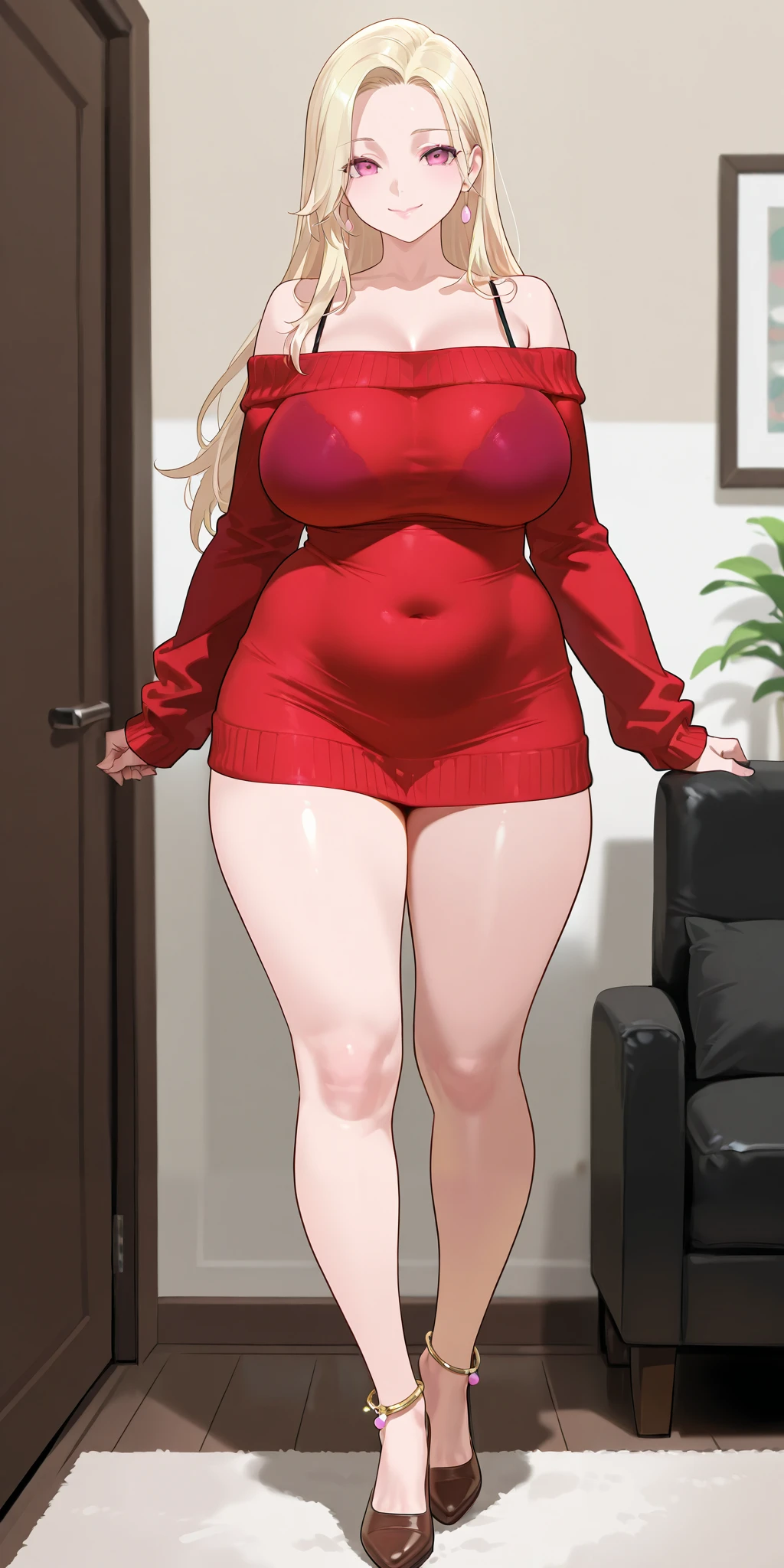 An extremely beautiful woman with blonde hair. She has extremely fair white natural skin, big pink eyes, big plump candy-red glossy lips, plain breasts, and a perfect slim slender body. She's only wearing an oversized tube off-shoulder red sweater, visible bra straps, brown heels, and feet anklets. She's standing straight, mouth closed, smiling, and a living room in the background. Show her full body.