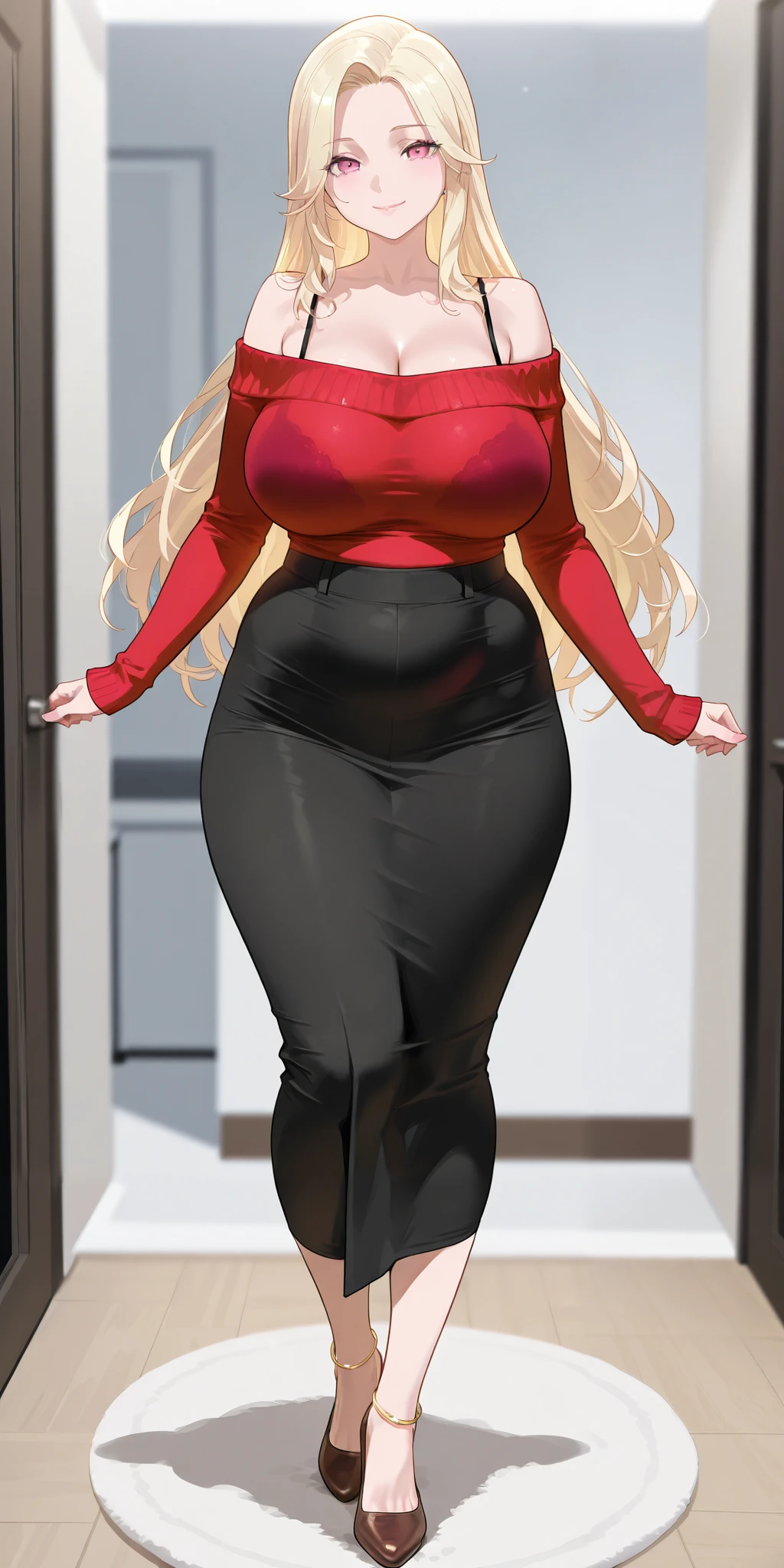 An extremely beautiful woman with blonde hair. She has extremely fair white natural skin, big pink eyes, big plump candy-red glossy lips, plain breasts, and a perfect slim slender body. She's only wearing an oversized tube off-shoulder red sweater, visible bra straps, brown heels, and feet anklets. She's standing straight, mouth closed, smiling, and a living room in the background. Show her full body.