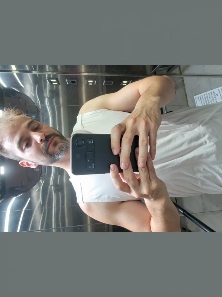 Homem de Arafed tirando uma selfie em um espelho com um celular, (38 anos), usando uma camiseta regata de corte baixo, Homens de 45 anos, com tatuagens, Homem de 4 0 anos, 38 anos, 2 7 anos, 3 2 anos, usando uma camiseta regata, 2 9 anos, 3 6 anos