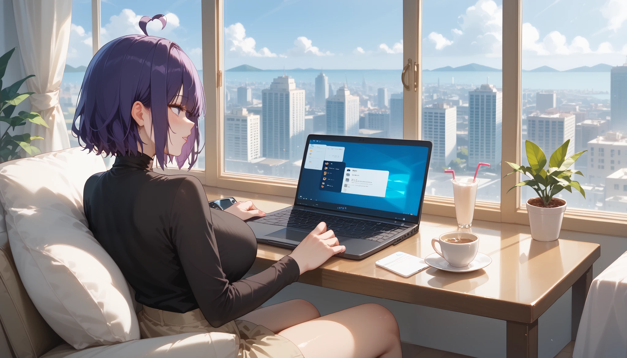 "A girl with a nice body and nice breasts relaxes in a sleek, modern café. Her purple hair falls over her shoulders as she leans back in her chair, wearing a fitted black turtleneck and tailored pants. A laptop and a cup of cappuccino are neatly arranged on the marble table, with the city skyline visible through the massive glass windows."