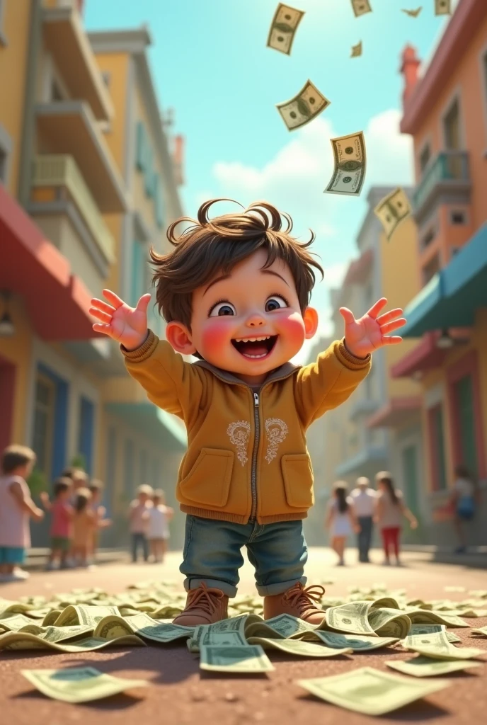 Image of a boy on the street outside his house walking towards her holding up a 100 dollar bill