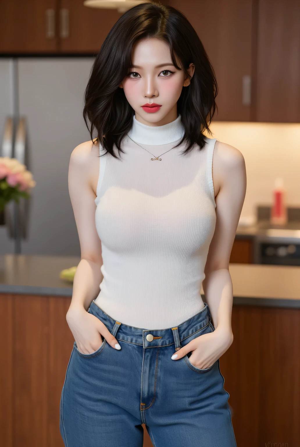 absurdres, RAW photo, extremely delicate and beautiful, masterpiece, Best Quality, ultra high resolution, 16k, hyperrealistic, ultra-detailed, perfect anatomy, super Detailed skin, perfect figure, Very detailed CG 8k wallpaper, in her 20s, very Slim body, narrow waist, very small head, very small face, delicate facial features, tearful mole, earring, thin legs, (very huge round breasts:1.2), (full body shot:1.1), (1 girls:1), short hair, (wavy hair:1.1), (), sleeveless, unbotton shirt, super mini skirt , inside modern dark classroom , Minimalist sexy transparant outfit