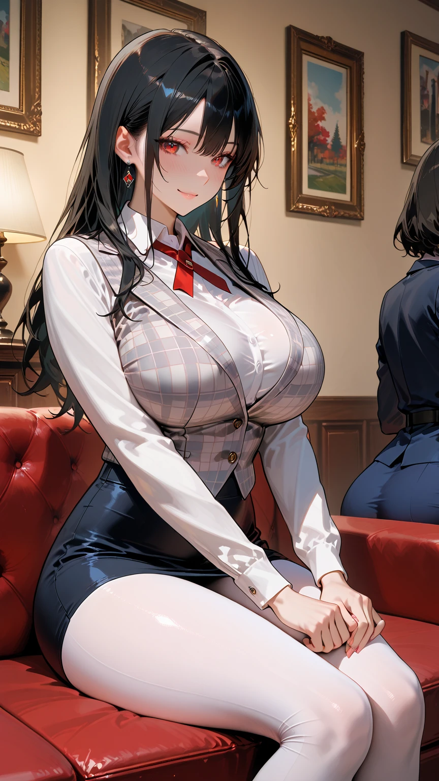 (8K, RAW photo, highest quality, masterpiece: 1.2),18 year old Japanese woman with perfect body,Please show your teeth and smile,long black hair,dull bangs, toothy smile,uniform,red jacket,black pantyhose,white shirt,black ribbon,pleated skirt,long sleeve,shining eyes,blush, classroom,(big breasts:1.5),(You can see through the lace lingerie)