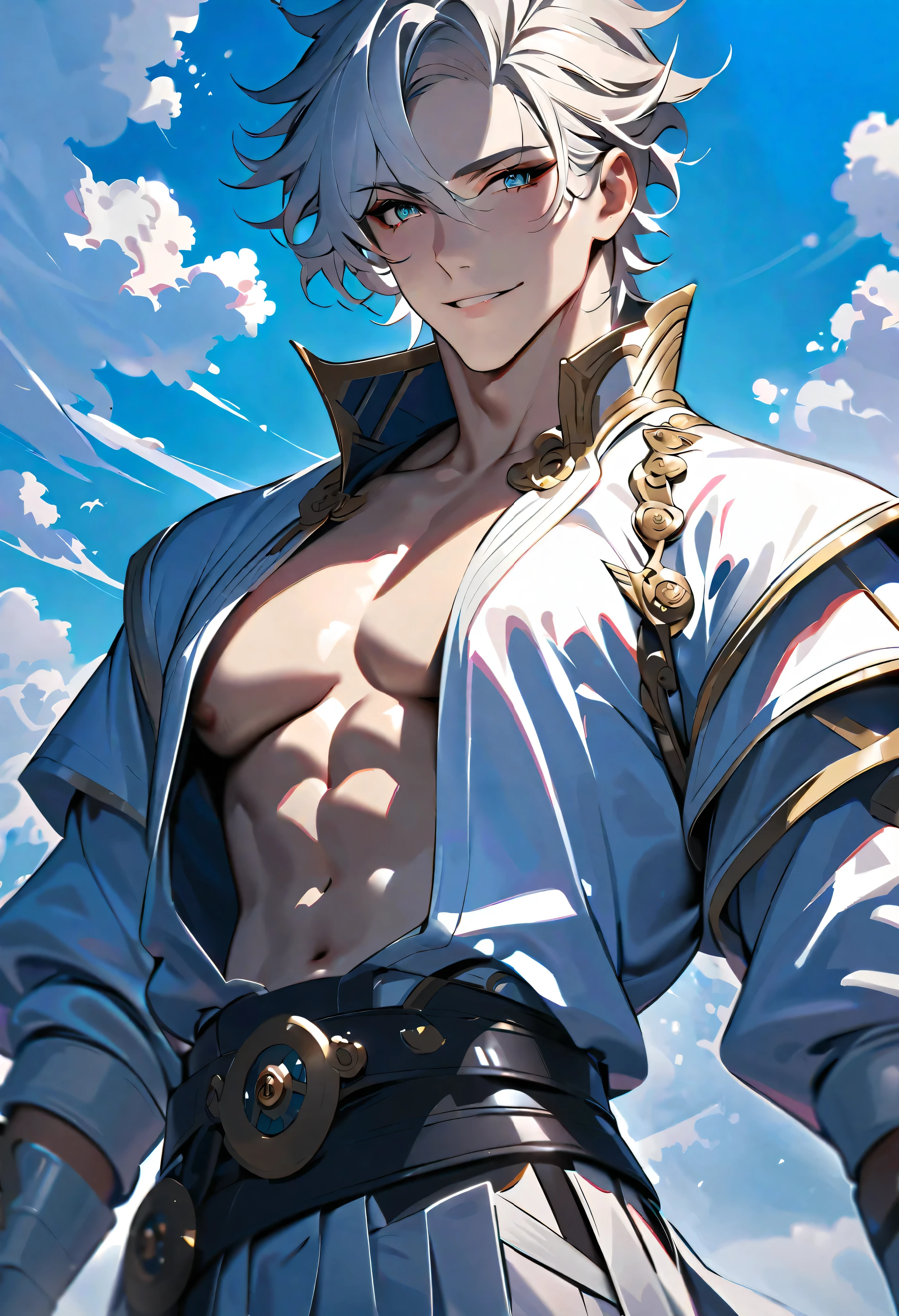 A tall, muscular male renaissance knight with long, messy, curly golden brown hair. He has hazel eyes and he is smiling. He is wearing tight, skimpy silver armor with a indigo cape, indigo thong, and indigo gloves. He has a bulge, he has big nipples, and he has a hairy chest. He has hairy legs. He has a hairy stomach. He has hairy arms. His hands are on his hips. He is standing in front of a beautiful medieval castle. surreal atmosphere, contrasting dark shadows, mesmerizing glow, detailed facial features, flowing lava tendrils, fiery eyes