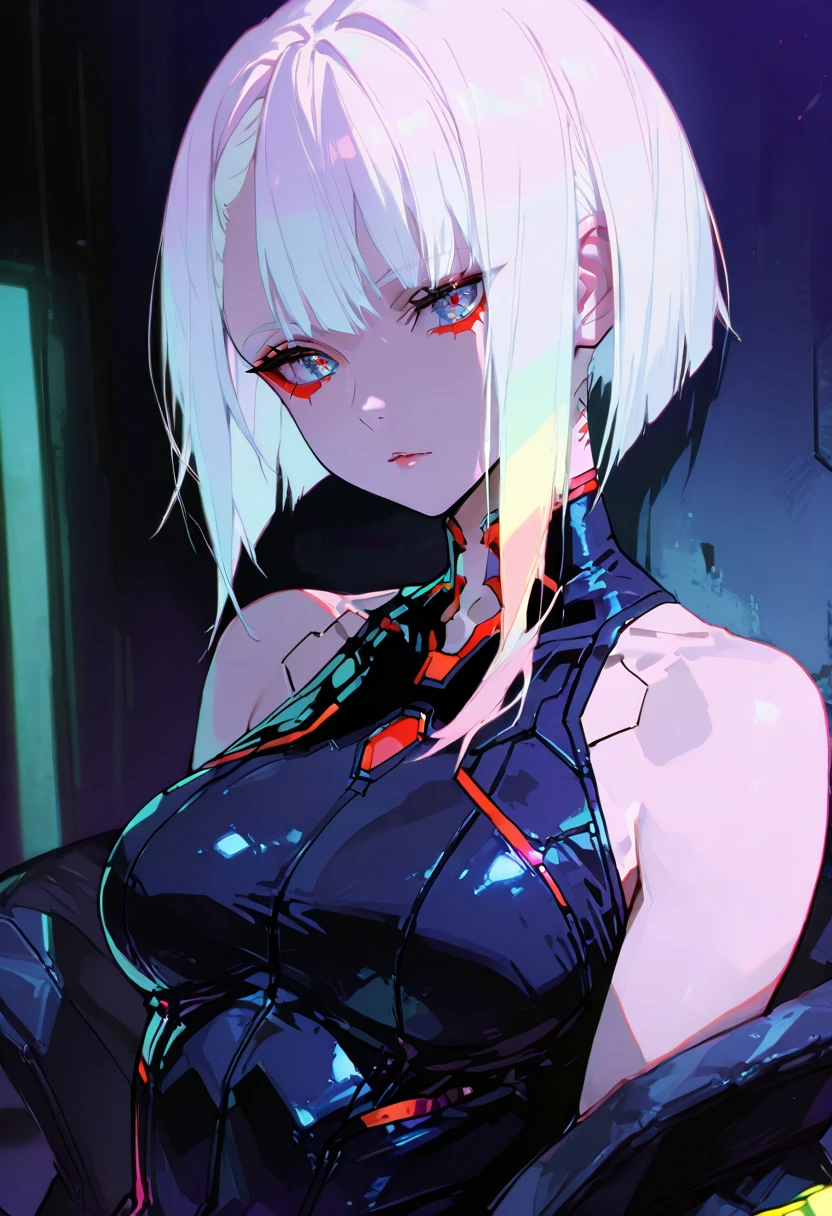 1个Giant Breast Girl, (Alone:1.2), ((tmasterpiece)), Slim, smallunderboob, pale-skinned, ((A detailed eye)), (bokeh effect), short detailed hair, White hair, Blue hair, eBlue eyes, in-house
