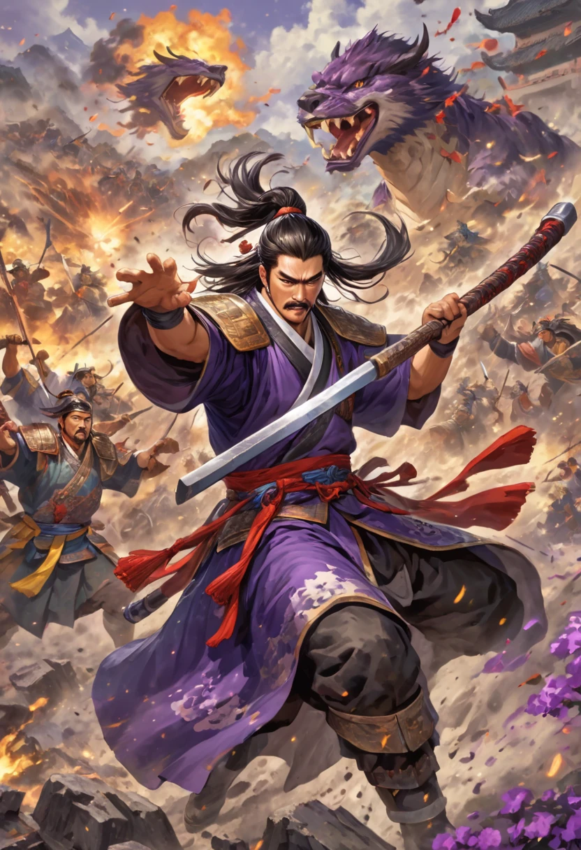 [illustratio，Story split-shots]comic page，There are multiple screens on one page: Chinese male warriors of the Qin Dynasty, A cold face，Symmetrical body, Blood-colored robes，Armed with a blue-edged sword，standing in the wind（Side half close-up）。The battle flag is skewed，Wolf smoke is everywhere，Enemies in the distance are rushing towards him（bblurry，Faraway view）。[Extreme close-up]:Ultra-wide angle, Cinema lenses,Motion capture, strong contrast between light and dark, Depth of field 1.8，The protagonist is focused，Cinema lenses，Zao Wou-Ki style