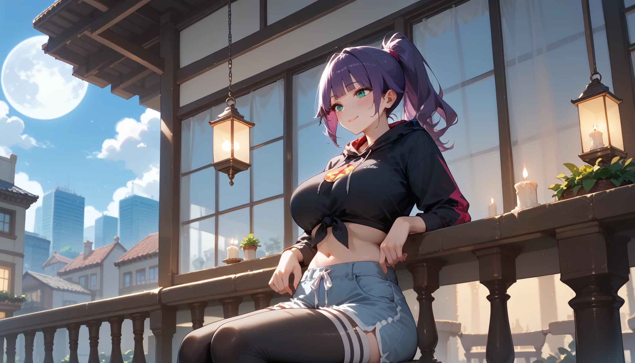 "A girl with a nice body and nice breasts sits on a balcony café under the glow of a massive full moon. Her purple hair glows ethereally in the moonlight, tied into a high ponytail. Dressed in a cropped hoodie and joggers, she watches as the misty city streets below shimmer in silver light. Soft lanterns and candles add a magical touch to the balcony, making the scene feel almost otherworldly."