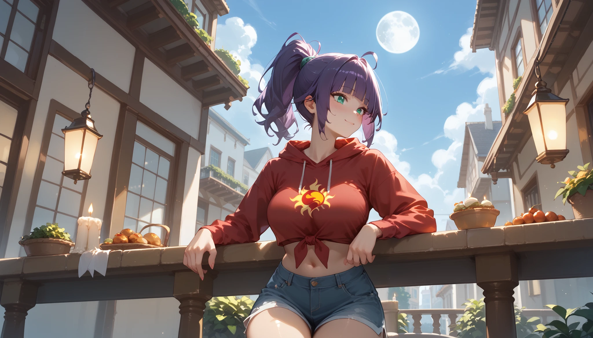 "A girl with a nice body and nice breasts sits on a balcony café under the glow of a massive full moon. Her purple hair glows ethereally in the moonlight, tied into a high ponytail. Dressed in a cropped hoodie and joggers, she watches as the misty city streets below shimmer in silver light. Soft lanterns and candles add a magical touch to the balcony, making the scene feel almost otherworldly."