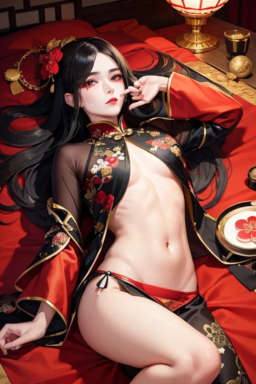 ((best quality)), ((masterpiece)), (detailed), ((normal anatomy)), beautiful eye detail, perfect face, high detail, charismatic, full body, realistic, cinematic lighting, defined body, super detail, high realism, extremely large huge enormous perfect round perky breasts, beautiful geisha wearing kimono undone at the front with legs spread wide open, nude in lewd pose with legs open and vagina and breasts showing, full red lips, seductive face, very slim build, slim waist, slender legs, elegant neck, very long straight black hair tied up in geisha hairstyle, pale complexion, white skin, leaning back