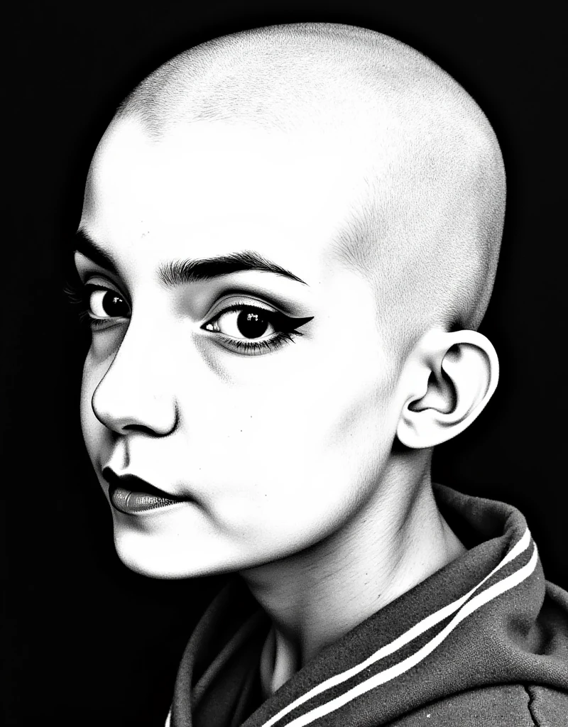 A 13-year-old girl with a bald head, ((exotic beauty)), ((vulnerable)). Bald head, ((sin pelos a lo largo de la cabeza)), ((rente de los ojos desnuda)), ((he wanted to express his individuality)), ((actress in training, challenged conventions)), ((guardando un maquillaje minimalista)), frontal view, selfie, taken with a Canon EOS R, high contrast, minimalistic lighting, sharp focus, monochromatic, artistic, ((Dramatic, obrera de la verdad)), black and white, SFW.

A 13-year-old girl