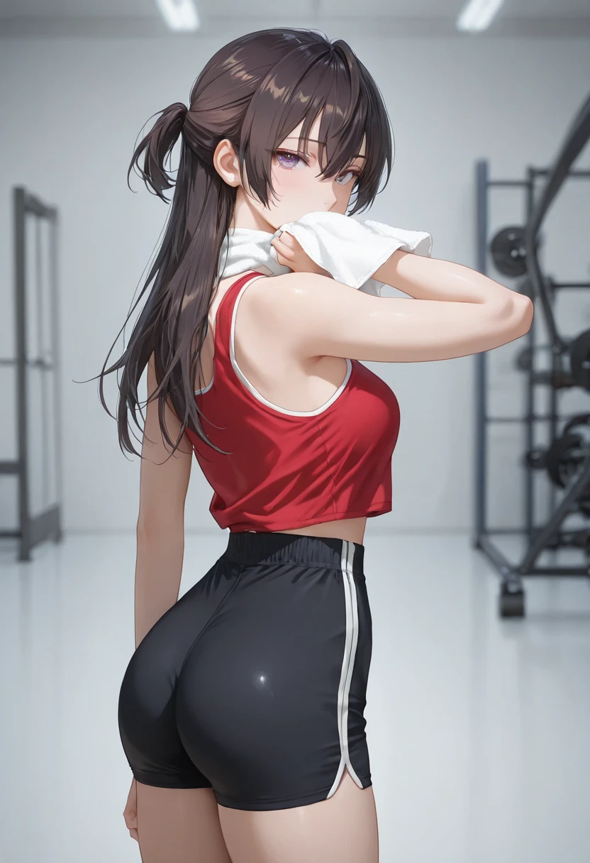 masterpiece, best quality, vibrant, very aesthetic, high contrast, semrealistic, newest, 1girl, yuki suou, long hair, bangs, brown hair, black hair, hair between eyes, purple eyes, half updo, medium breasts, thin waist, Loose-fitting sleeveless red tank top, deep round neckline, Black sports shorts, white side stripes, quick-dry fabric, sports shoes, Sports wristbands, small white towel, fingerless gym gloves, looking at viewer, looking back, background in a gym,