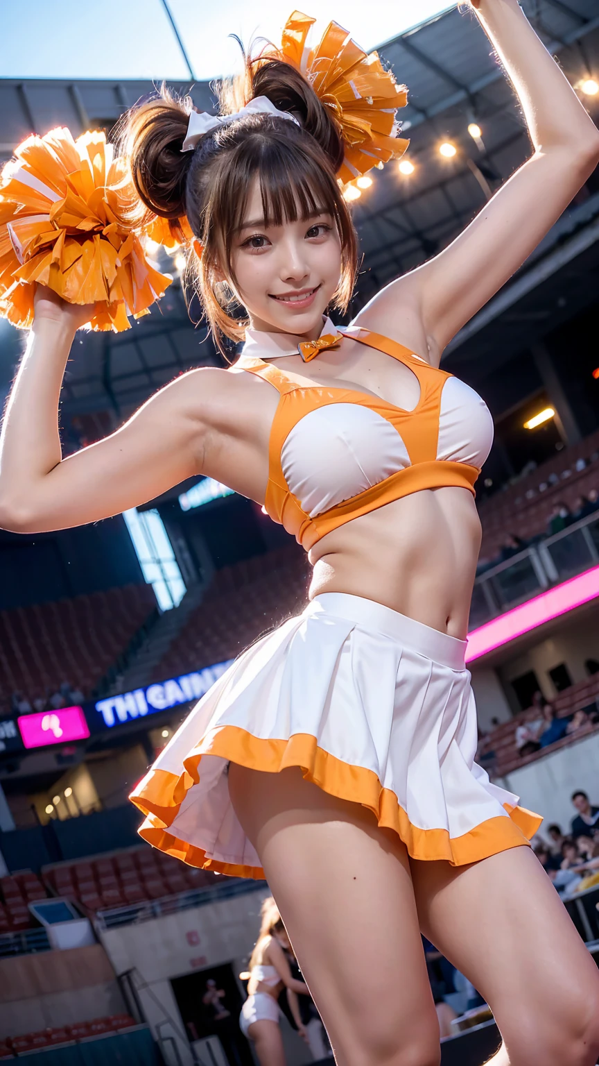 Very cute and beautiful cheerleader girl,(Very detailed美しい顔),(With pom-poms:1.12),(smile), (Stadium Stand),Cowboy Shot,Dynamic pose,Lift one leg high above your head、Ultra-thin string scanty panties,(Orange sleeveless shirt),Beautiful legs,Looking at the audience,Black Hair,Huge breasts、 (Highest quality,masterpiece:1.2),Confused,High resolution,Very detailedな,Very detailed,32K,8k resolution, Intricate details,Movie Scenes,Detailed Background,alone,Dynamic Angle, Hair blowing in the wind,Beautifully detailed skies,