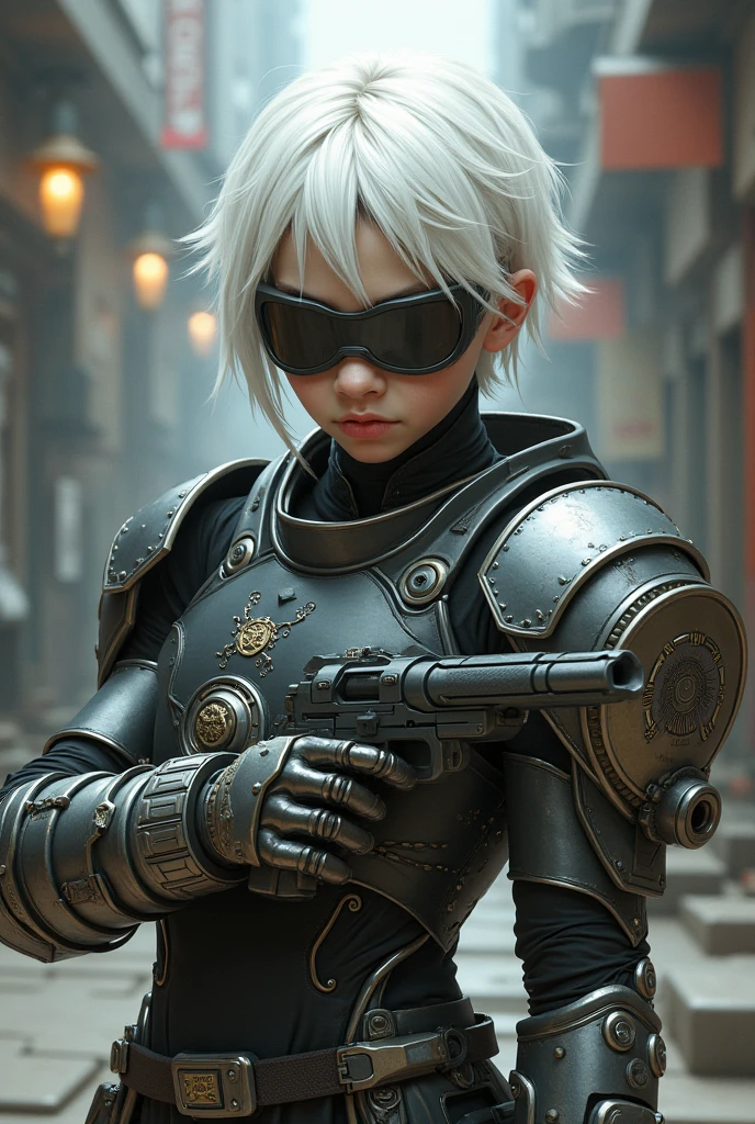A boy with robo full suit and he has a sword on his hand and he has white hair