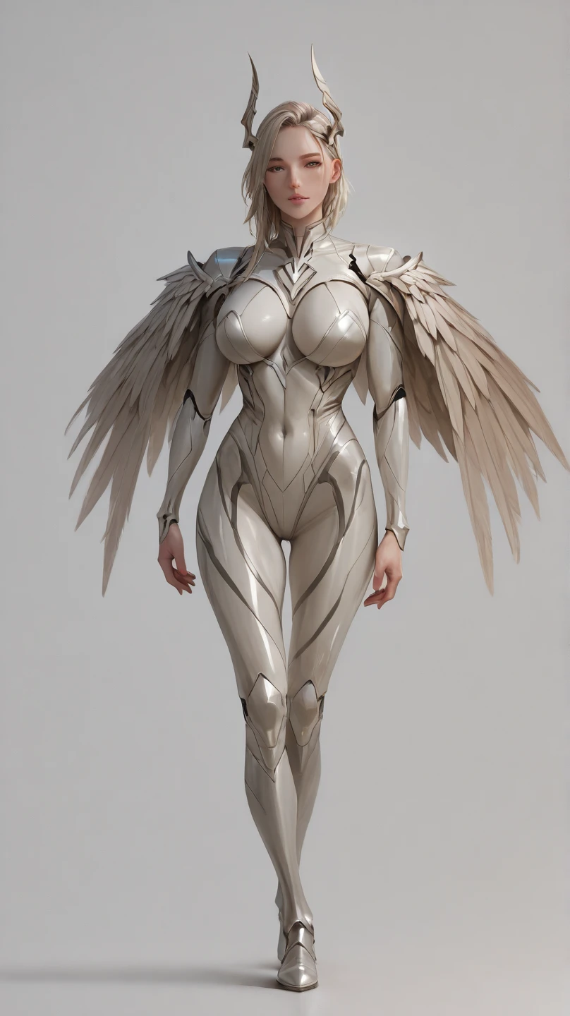 8k ((full body view:1.4)) (large eyes:1.3), defined cheekbones, 1woman, ((woman has no face, ((sleek silver bodysuit:1.6)) (detailed face:1.5), silver skin,(puffy lips:1.5) (silver skin:1.6), (bald woman:1.7), (skinhead) ((stands confident)),(Muscular:1.3), ((gigantic breasts:1.5)) ((side view:0.6)), )highly detailed, majestic, digital photography, art by artgerm and ruan jia and greg rutkowski, ((metal wings on back)), (masterpiece, sidelighting, intricate details