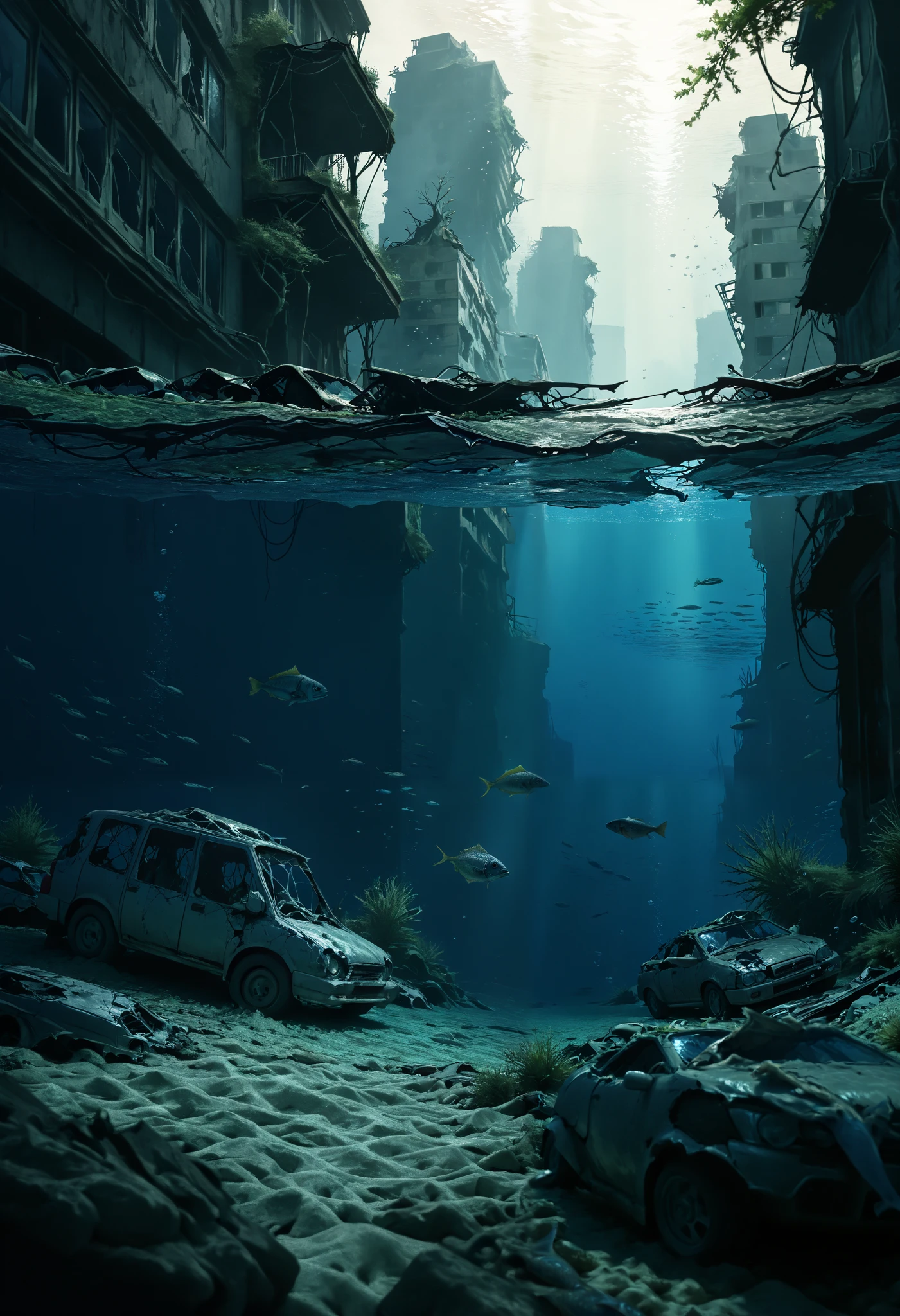 An old, worn-out city submerged under the ocean's depths due to a catastrophe,(Marine fauna:1.2),animals,fish and sharks ,Marine life,Upward view,prespectiba, deep field ,semi-destroyed buildings,(destroyed cars),toppled cars,school of fish,(dark),(dark environment), underwater background with fish and vegetation, natural lighting with flashes of light, ultra fine detail, render-based physics,