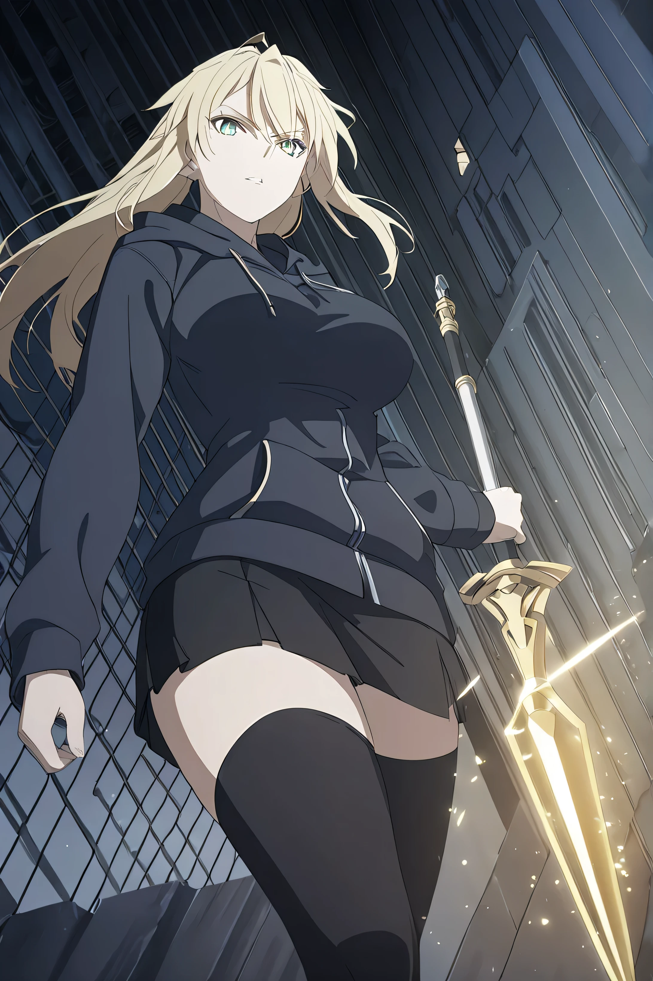 1female, beautiful face, mature woman, firm breasts, blond hair, detailed eyes, detailed pupils, bright green pupils, beautiful woman, Artoria Pendragon Lancer((Fate)), Wearing a gray hoodie, black mini skirt, black thigh-high socks, feminine shoes, serious gaze, holding a spear, Ronggominiyad((Fate)), ((best quality, best coloring, best detail 4K, yellow particles)) ready to fight, dark atmosphere, dark alley of the city, night, (((dark atmosphere)))