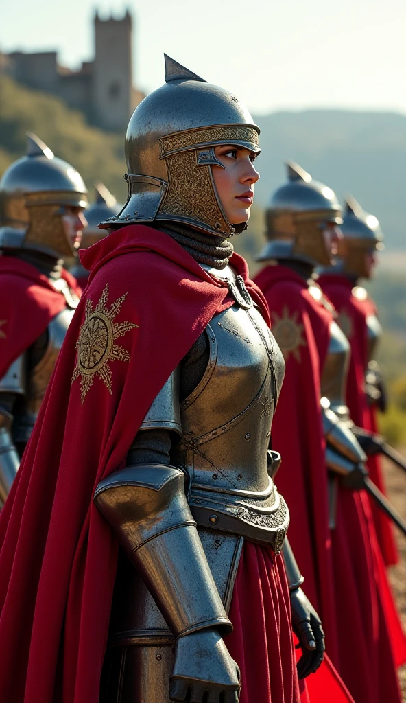 hyper réaliste,Augmenter la résolution,Photos brutes,meilleure qualité,très détaillé. Sujet femme en armure cheveux mi-long,devant un chateau, casque dans les mains, cape rouge d’un coté et marron de l’autre coté. Il y a un dragon gris et noir posé sur la muraille, on le voit en entier.