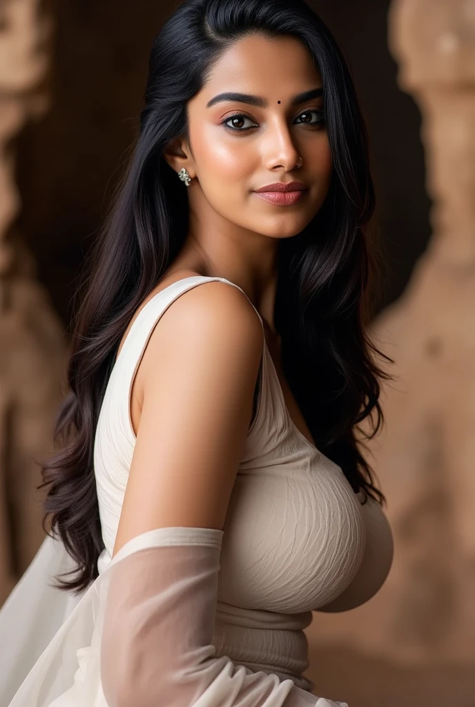 Portrait of A confident-looking indian mom from kamasutra with long flowing hair, hazel eyes, without flowing capes, a wet white  tshirt , g-cup breasts, sitting on a man's face,perfect composition, hyperrealistic, super detailed, 8k, high quality,, sharp focus, nude studio photo, intricate details, highly detailed,