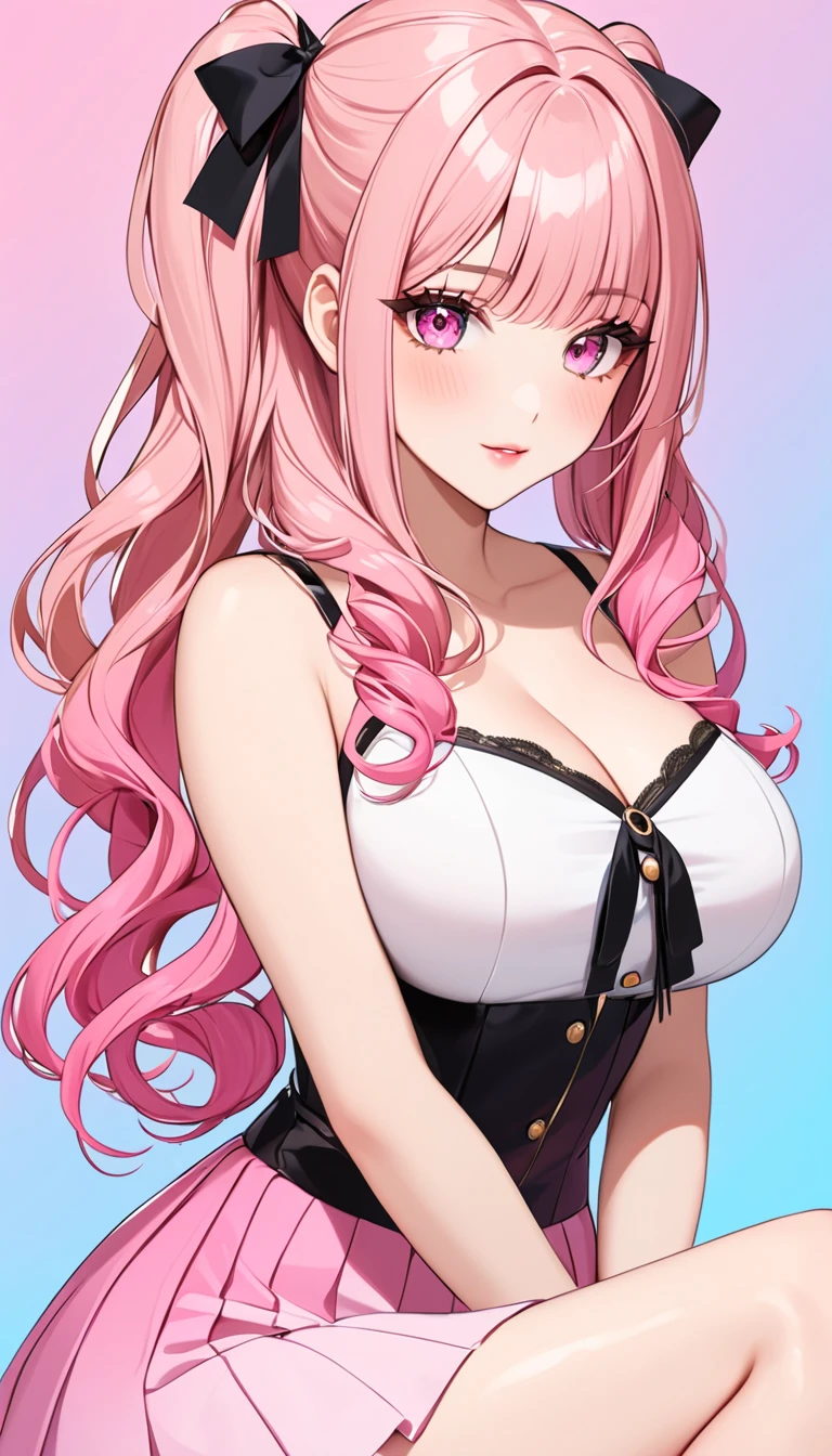 (8K, original photo, best quality, masterpiece:1.2),1 girl,alone,adult, purple eyes, pink hair, breast,split, half-closed eyes,Smile,Beautiful Body,Beautiful nose,Beautiful character design, perfect eyes, perfect face, Sexy Lingerie