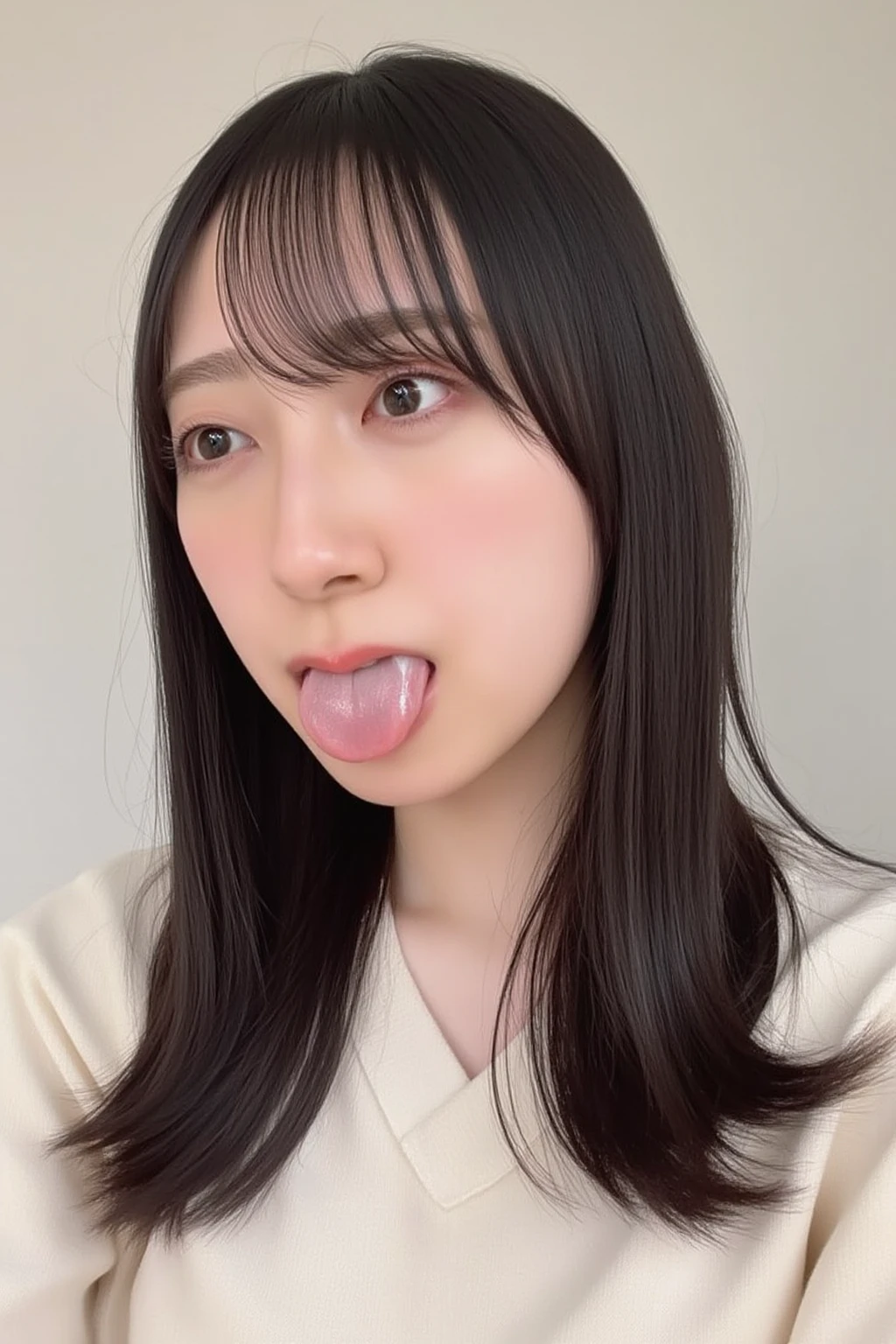 (highest resolution, clear_Image 1.2) 、(Beautiful girl with golden ratio face)、(18 year old girl)、(very vivid eyes、wolf eyes 1.2)、wonderful, table top, high detail, lip gloss、(((Twin-tailed rabbit style)))、very beautiful girl、 alone, beautiful girl like a model、(long sleeve sailor suit、Very fine pleated scarf, beautiful and detailed eyes, beautifully detailed nose,((((Licking tongue)))、Top quality photo masterpiece、Amazing realism photography、Surrealist female portraits by David Hockney and Alphonse Mucha,
