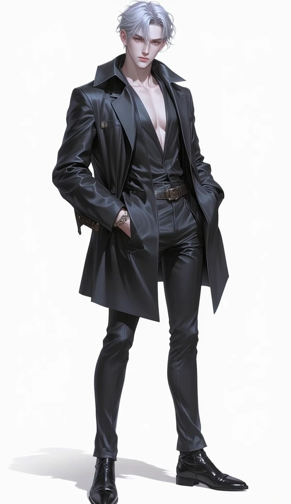 Man wearing white stockings, a black leotard, a black leather jacket, black boots and gloves
